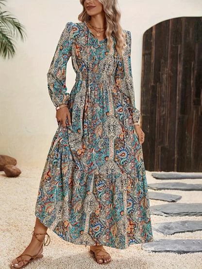 Floral-printed tie-neck long sleeve maxi dress