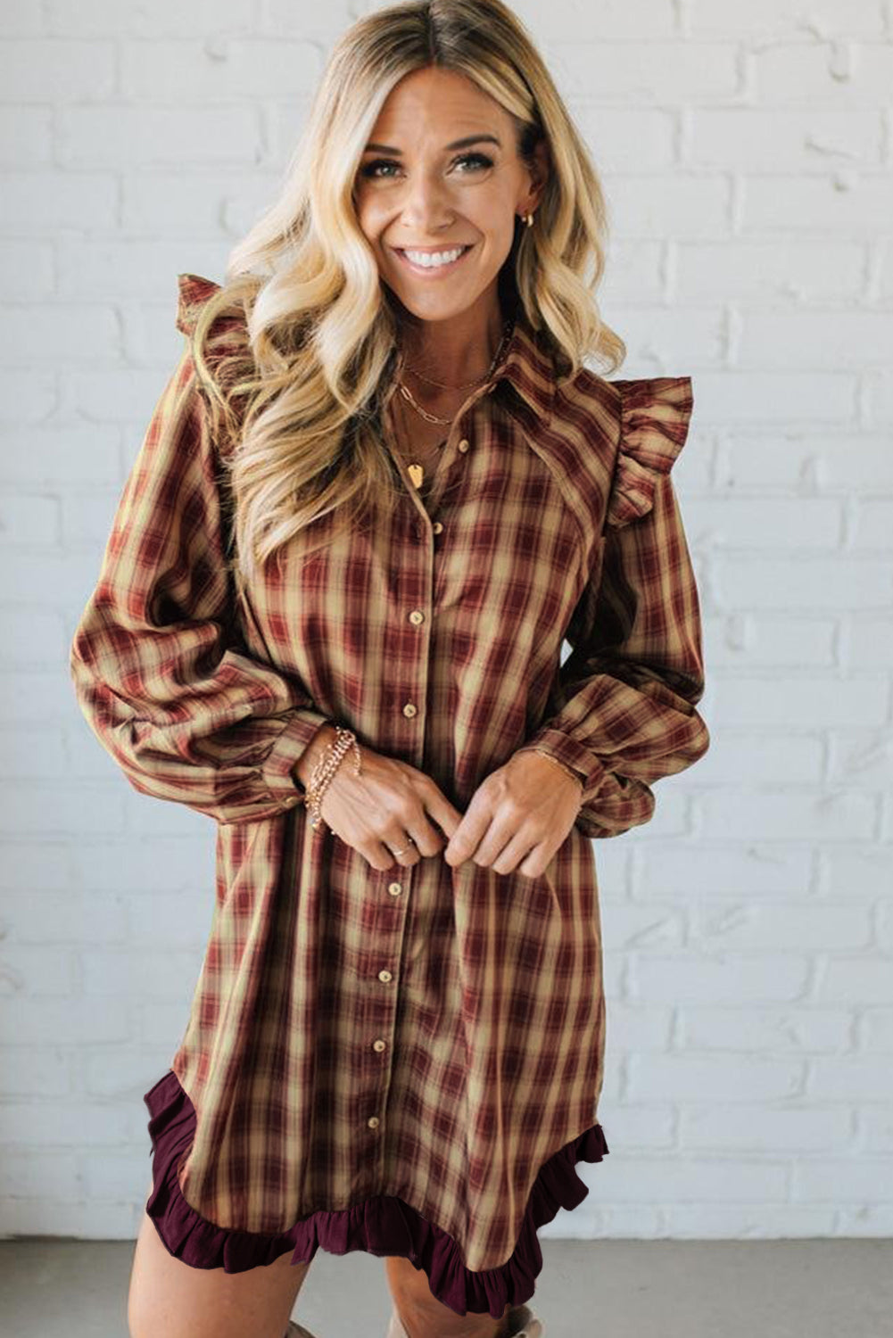 Red Plaid Ruffled Long Sleeve Patchwork Shirt Dress