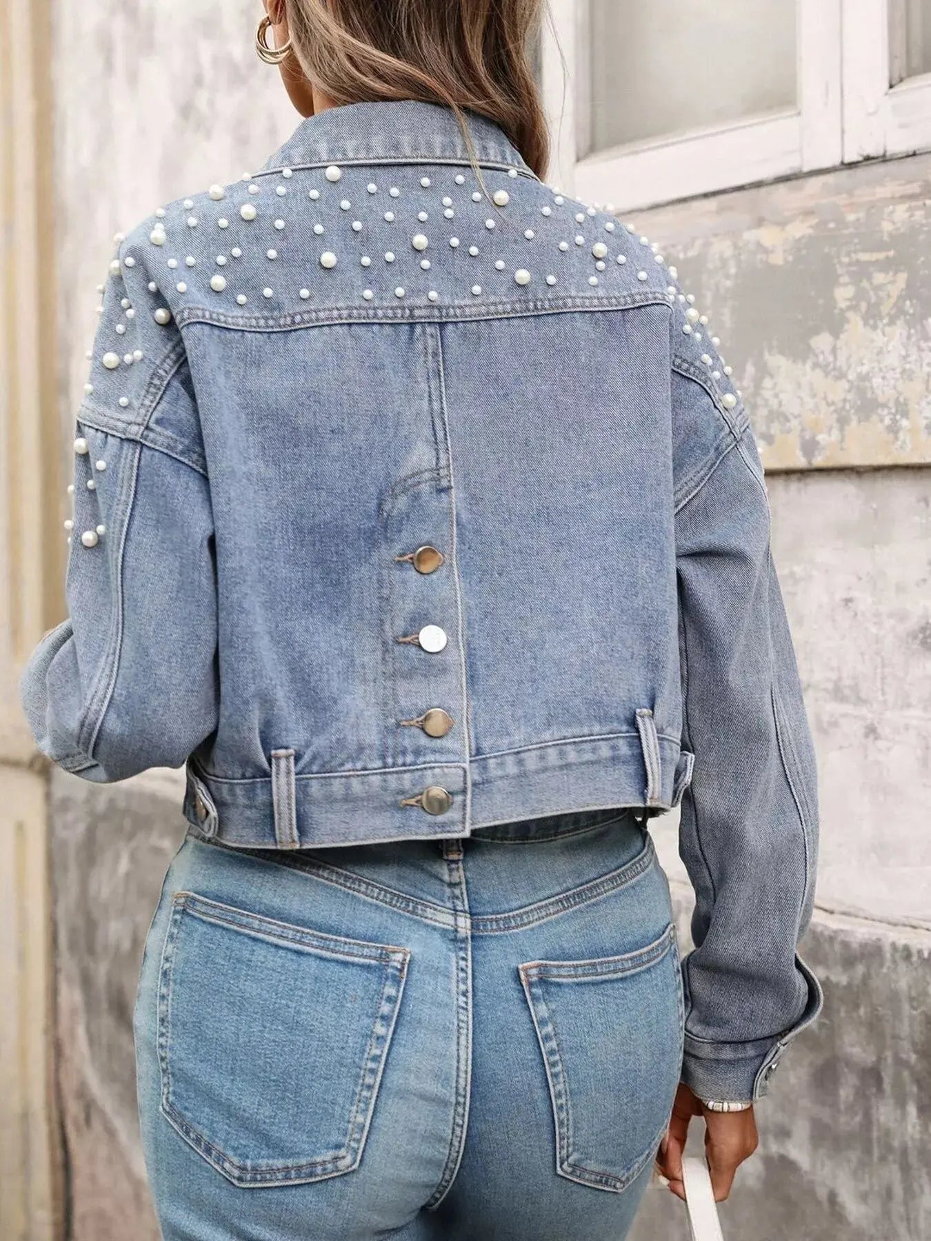 Pearl Embellished Cropped Denim Jacket Simply Love