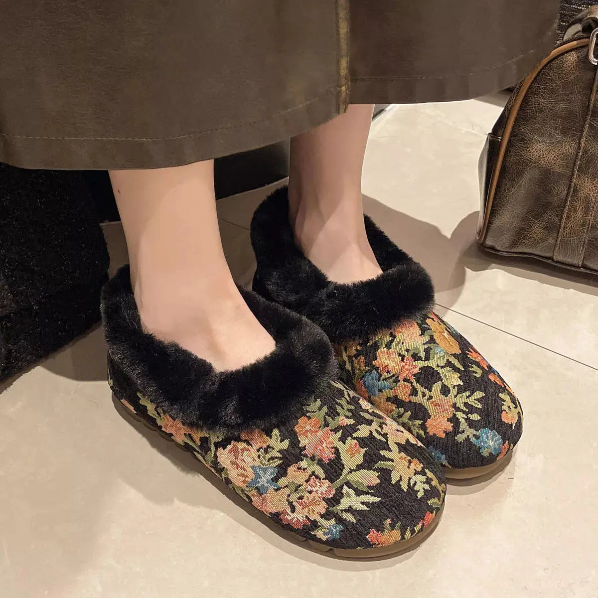 Floral Pattern Plush Lined Slip-Ons Simply Love