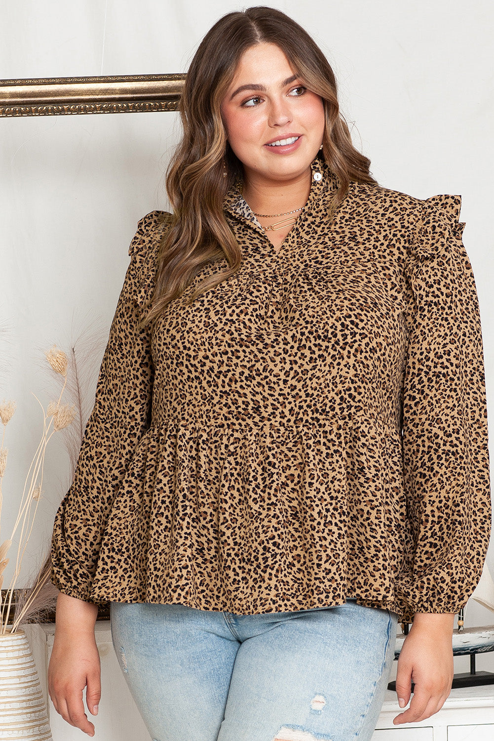 Chic leopard ruffle sleeve plus size babydoll top