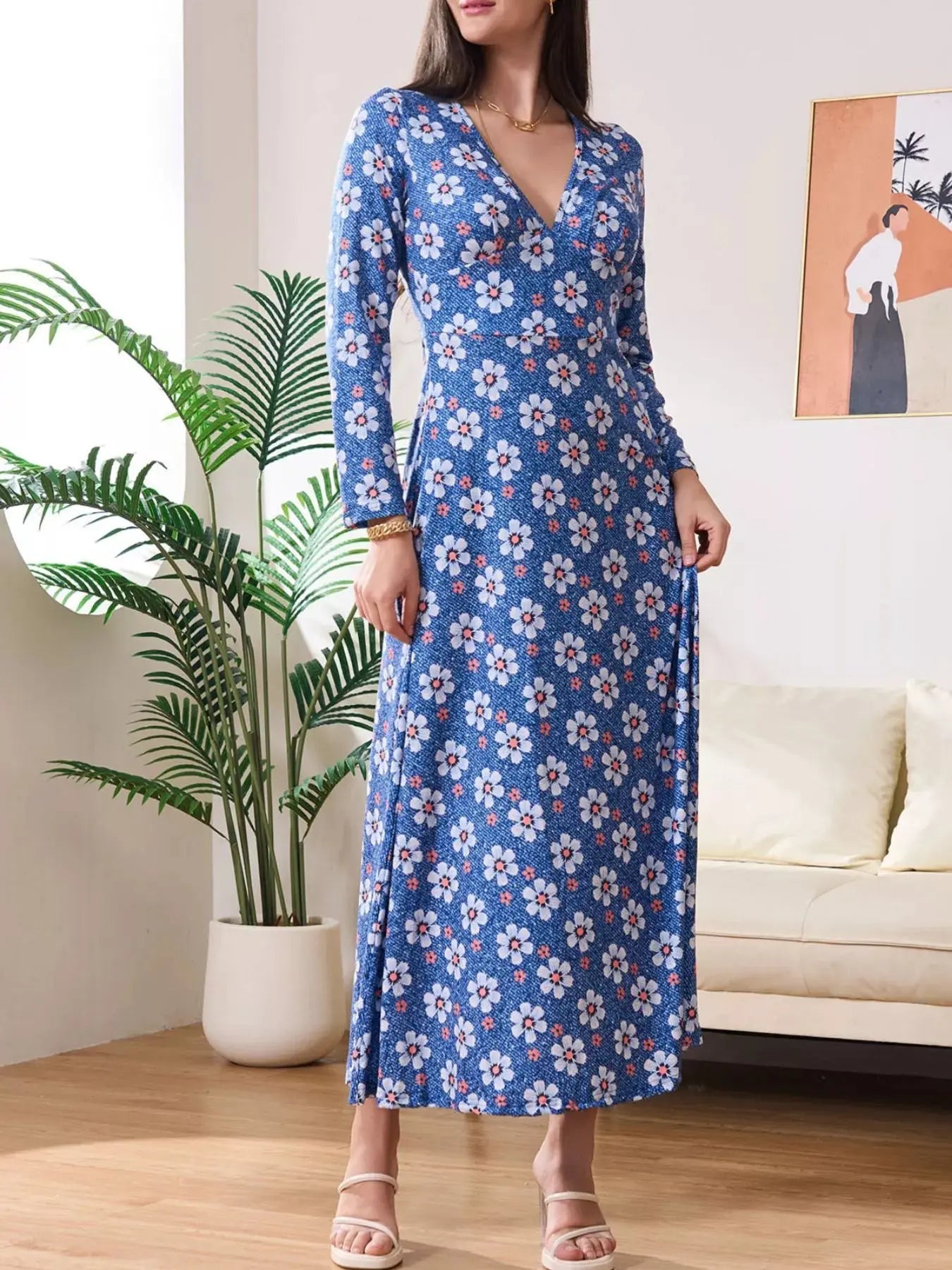 Floral Print V-Neck Long Sleeve Midi Dress Simply Love