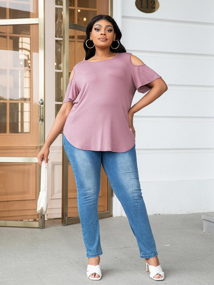 Plus Size Cold-Shoulder Round Neck Curved Hem Tee.