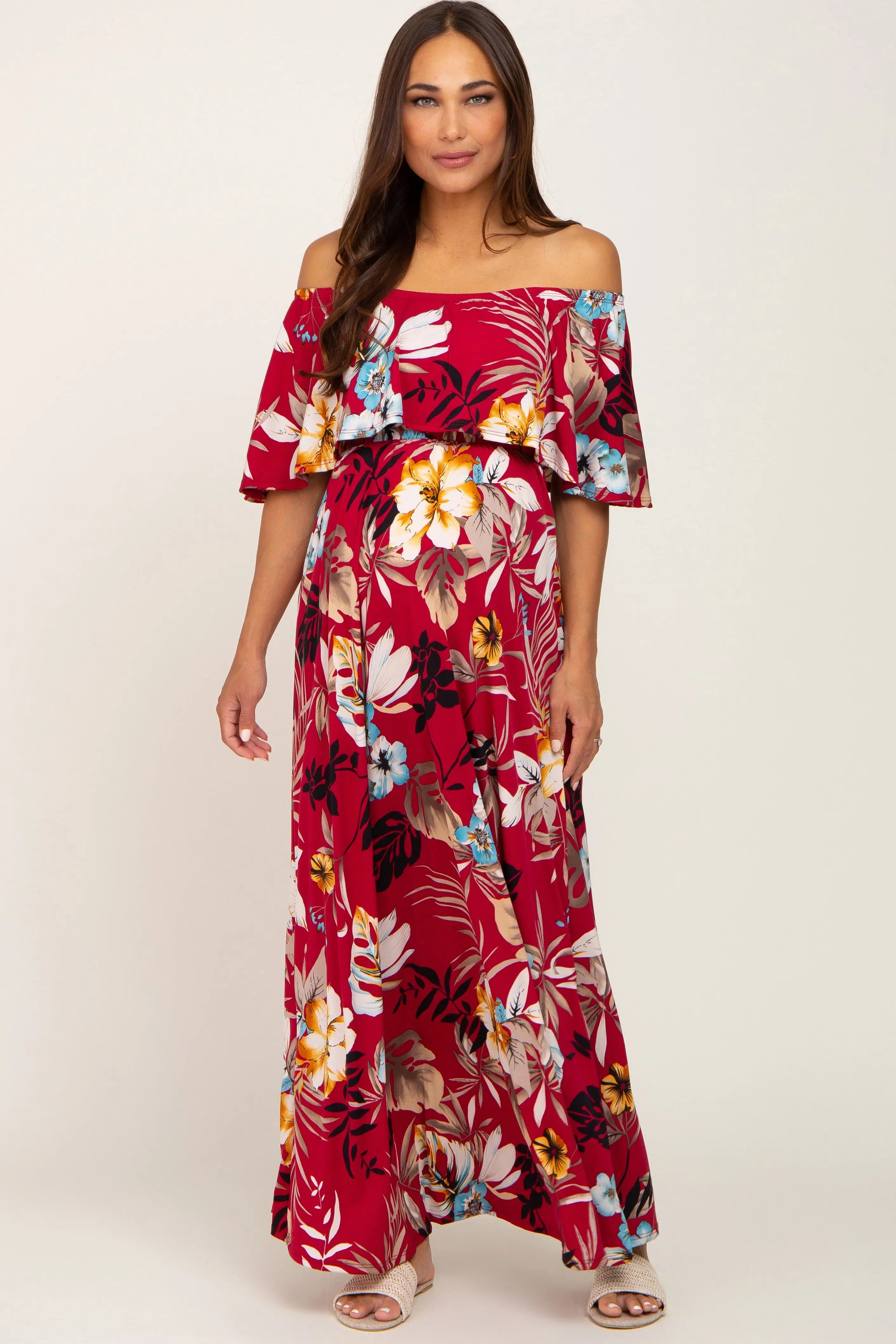 Burgundy Floral Flounce Off Shoulder Maternity Maxi Dress PinkBlush