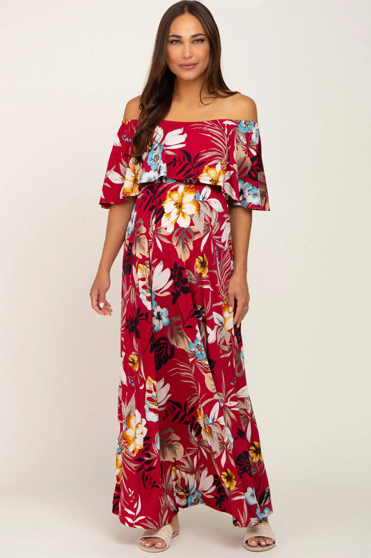 Burgundy Floral Flounce Off Shoulder Maternity Maxi Dress PinkBlush