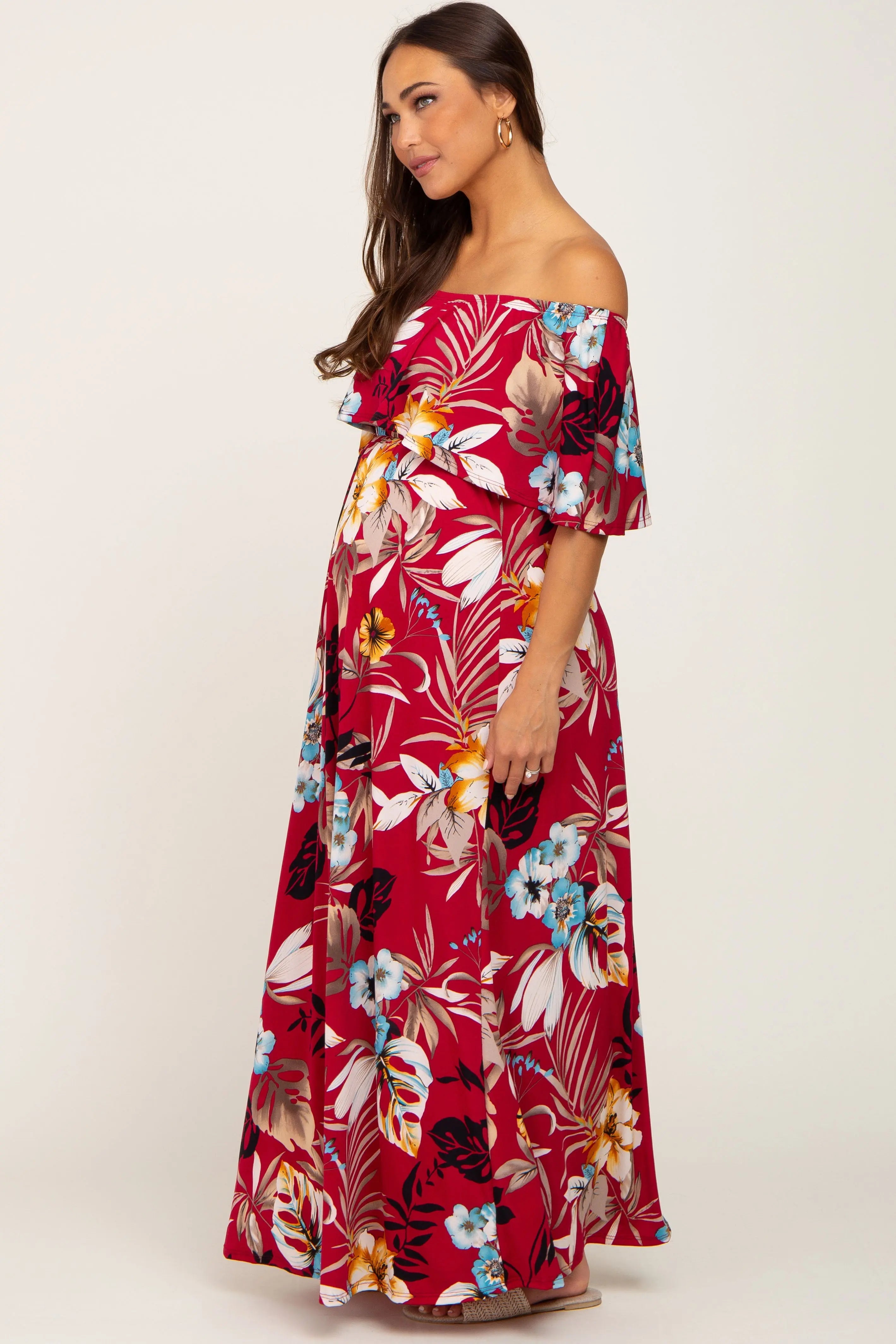Burgundy Floral Flounce Off Shoulder Maternity Maxi Dress PinkBlush