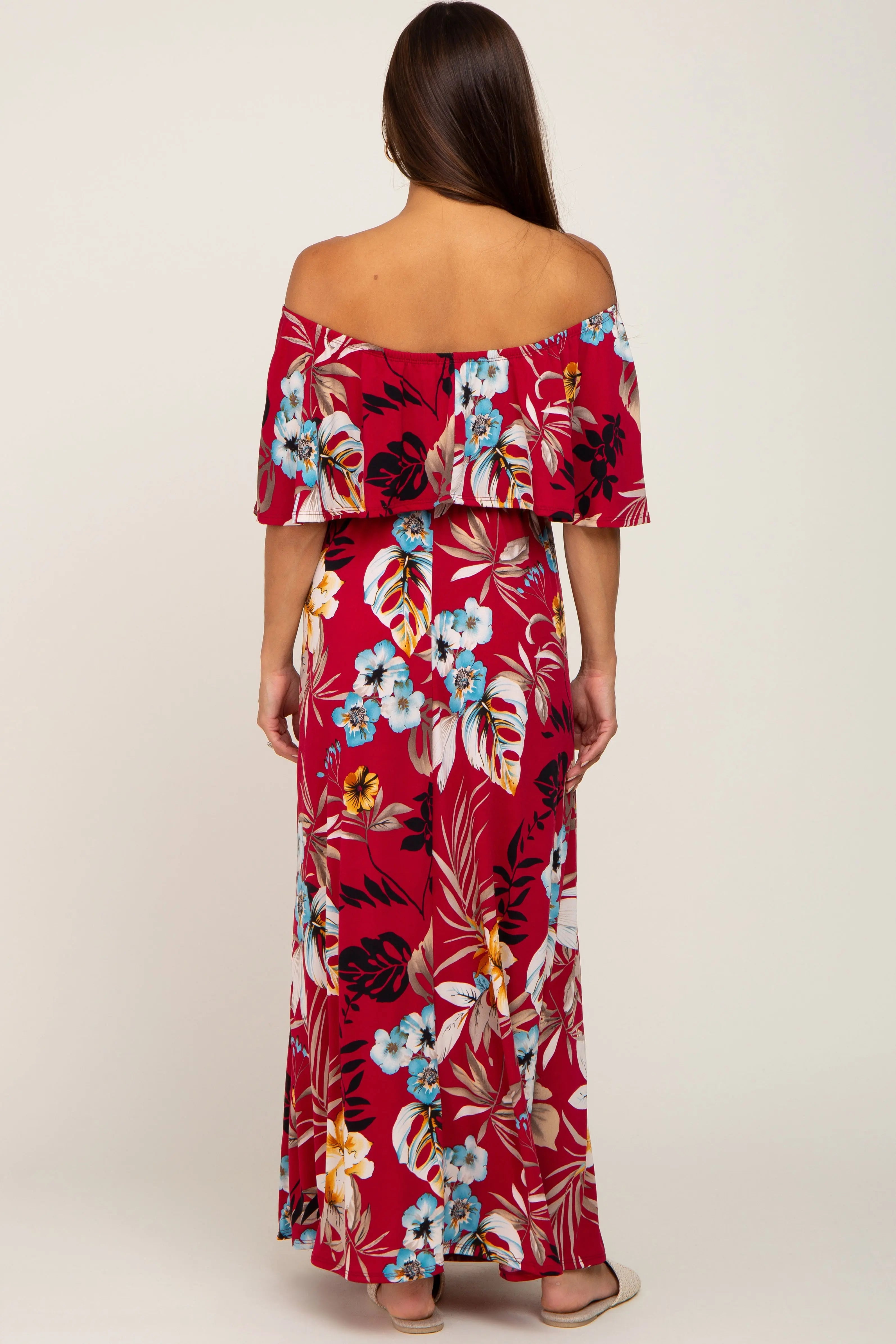 Burgundy Floral Flounce Off Shoulder Maternity Maxi Dress PinkBlush