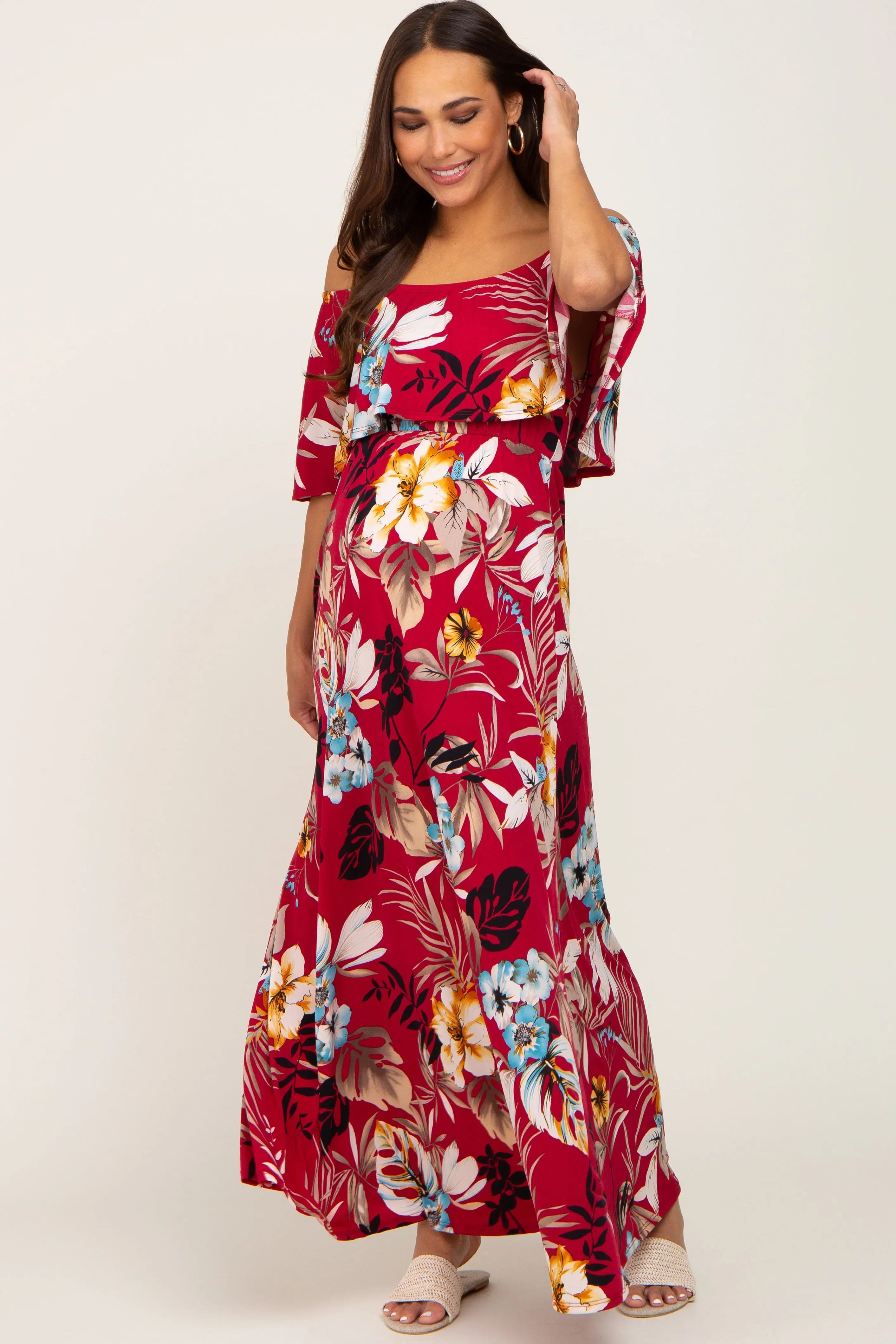 Burgundy Floral Flounce Off Shoulder Maternity Maxi Dress PinkBlush