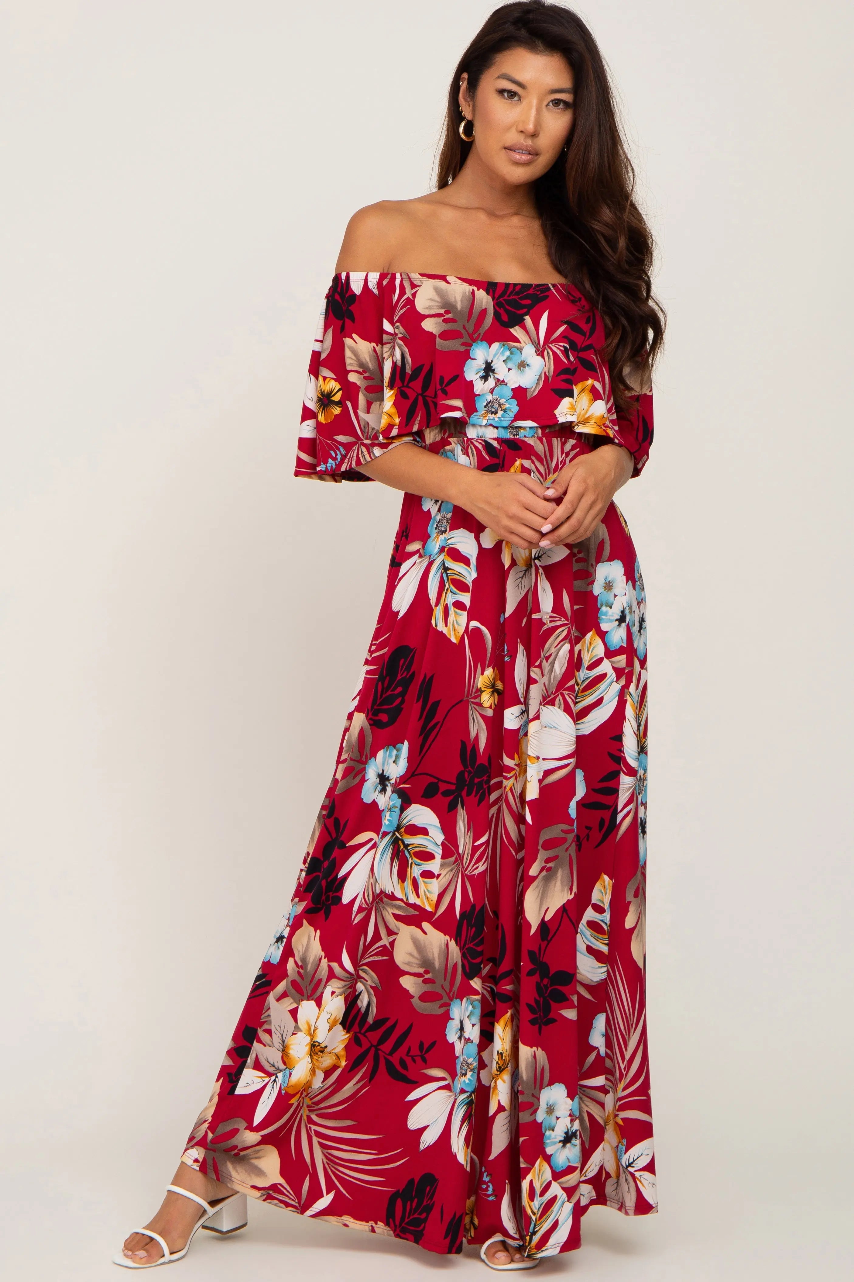 Burgundy Floral Flounce Off Shoulder Maternity Maxi Dress PinkBlush