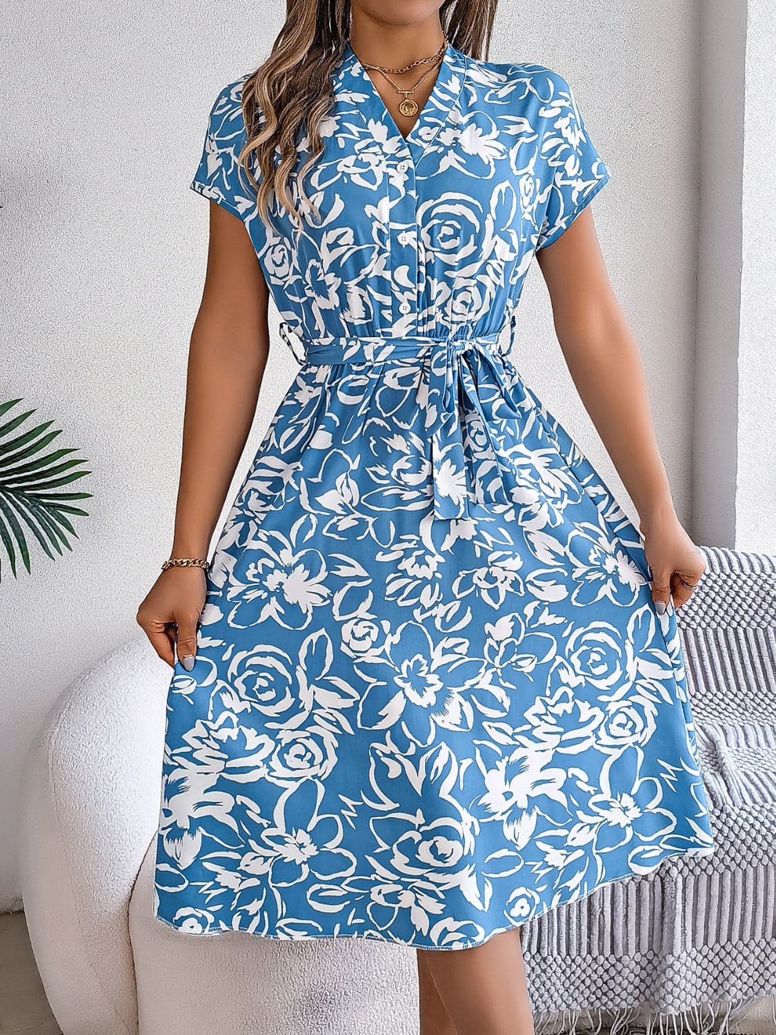 Printed V-Neck Short Sleeve Dress.