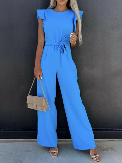 Ruffled Round Neck Cap Sleeve Jumpsuit.