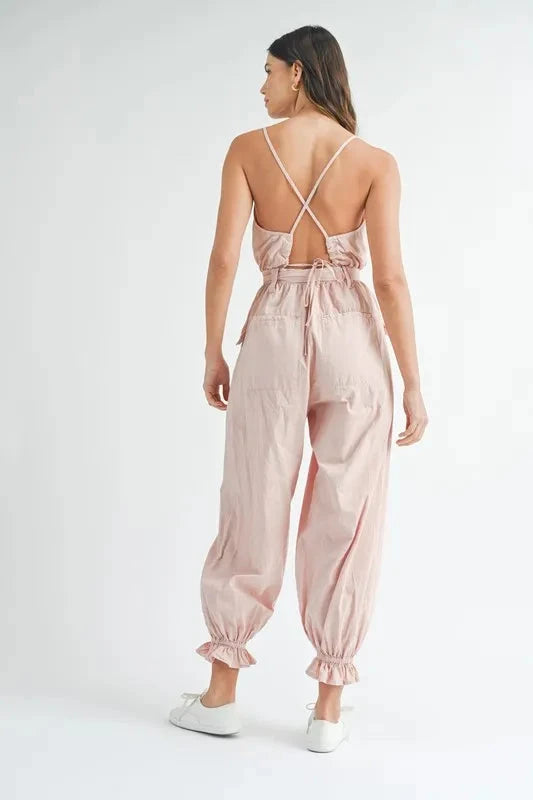 MABLE Washed Fabric Spaghetti Strap Waist Belted Jumpsuit Coco’s Tee Boutique