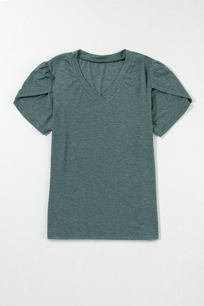 Chic mist green petal sleeve v neck tee for effortless style