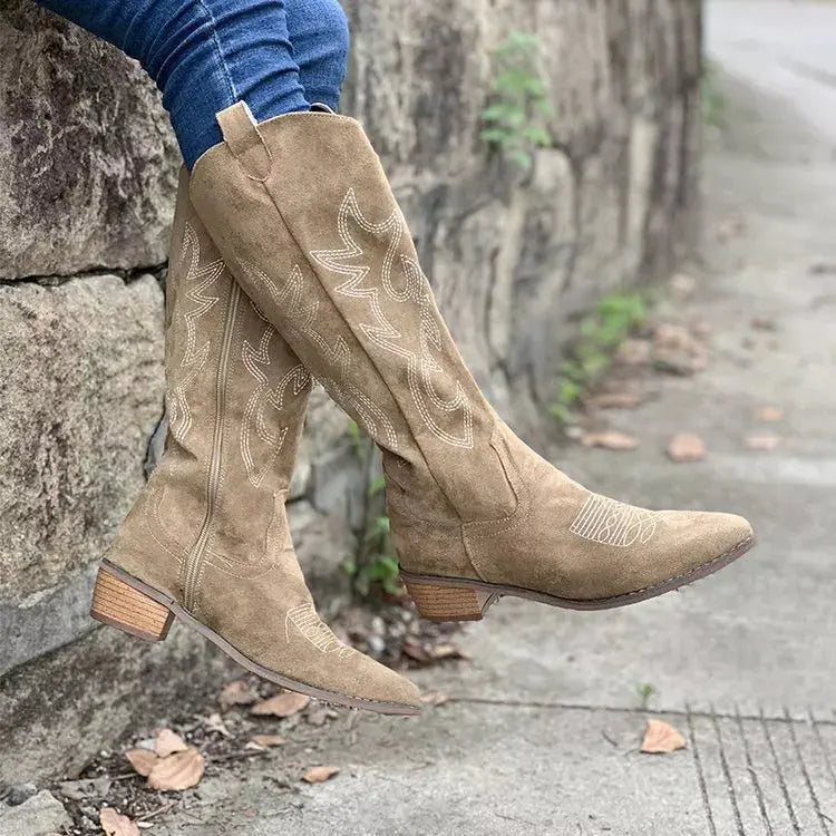 White Suede Point Toe Block Heel Boots For Women Mid Heel Simply Love