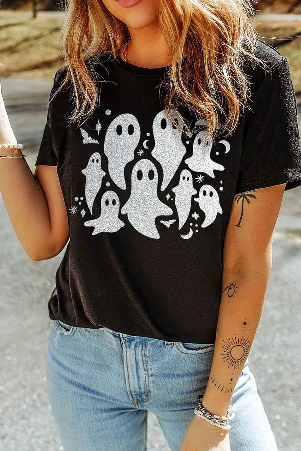 Full Size Ghost Round Neck Short Sleeve T-Shirt with glitter design