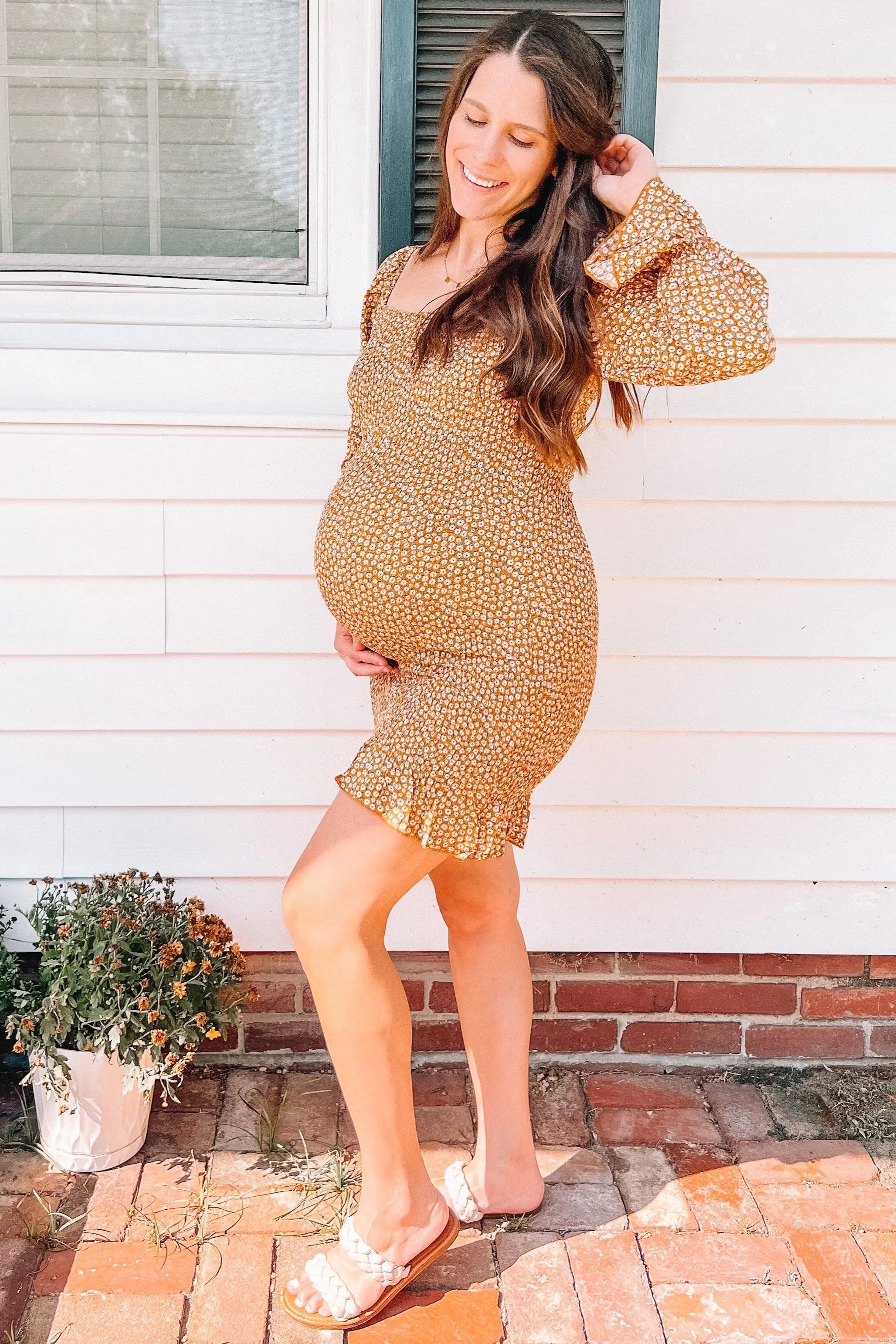 Yellow Ditsy Floral Smocked Long Sleeve Maternity Mini Dress PinkBlush