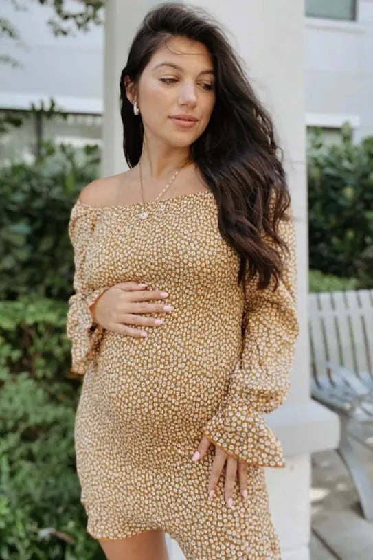 Yellow Ditsy Floral Smocked Long Sleeve Maternity Mini Dress PinkBlush