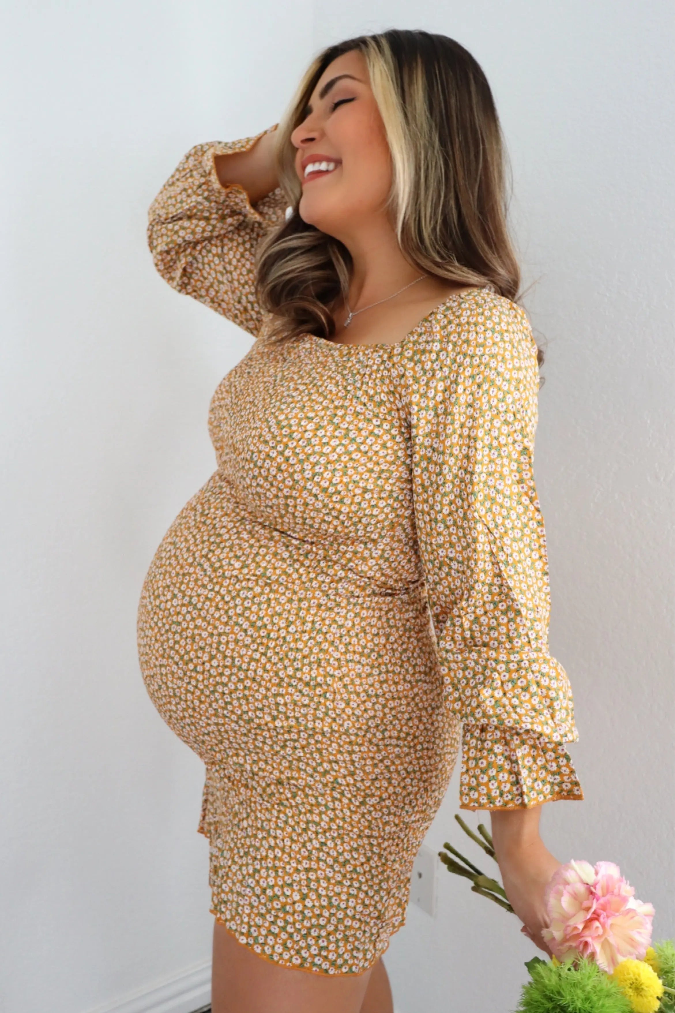 Yellow Ditsy Floral Smocked Long Sleeve Maternity Mini Dress PinkBlush
