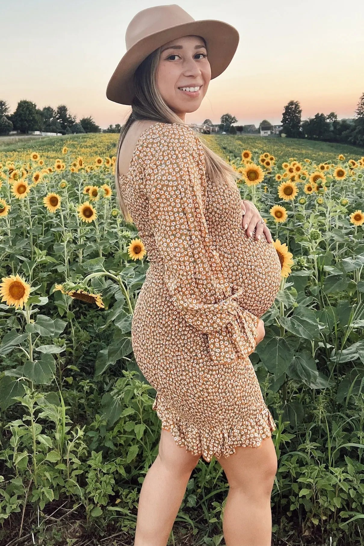 Yellow Ditsy Floral Smocked Long Sleeve Maternity Mini Dress PinkBlush