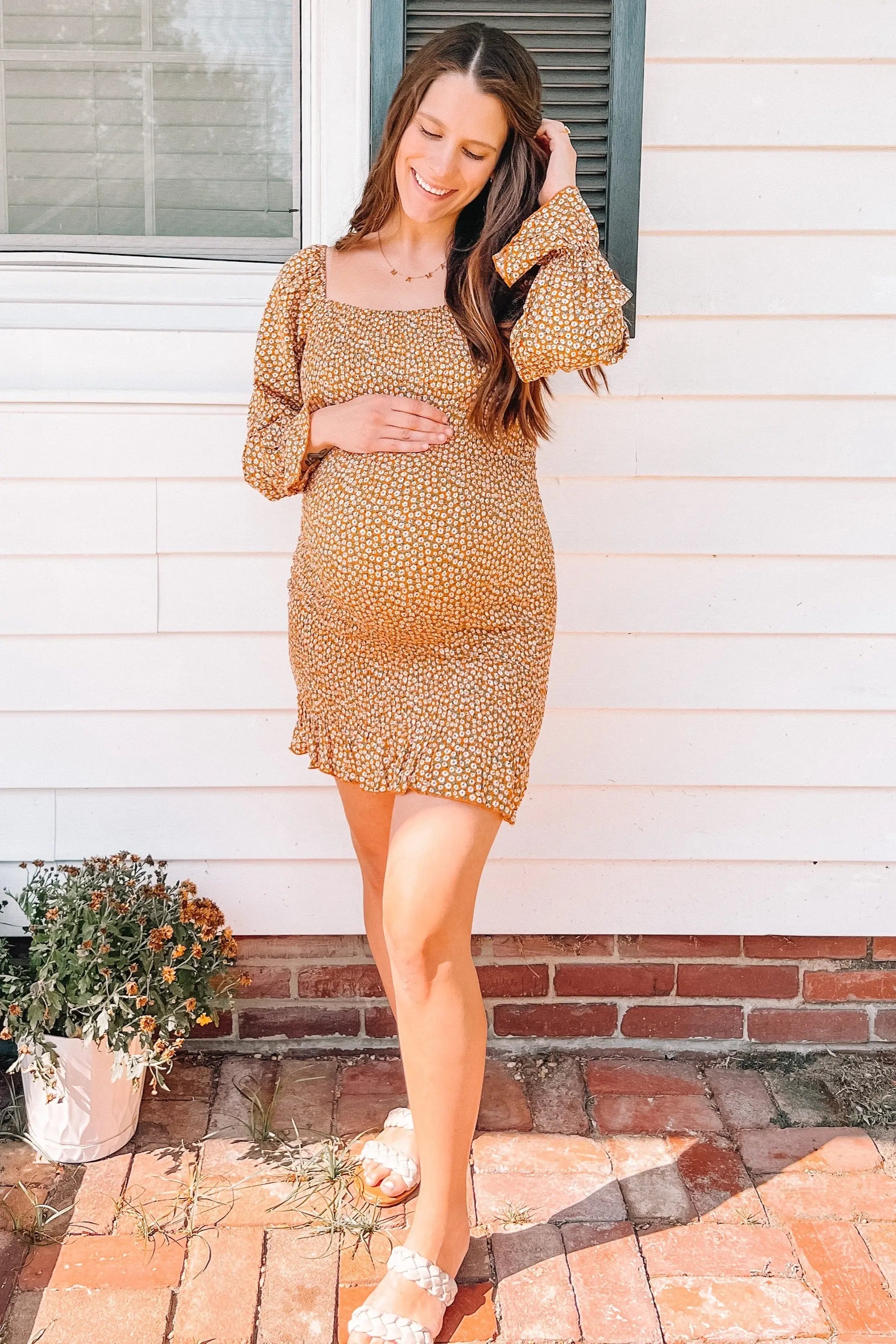 Yellow Ditsy Floral Smocked Long Sleeve Maternity Mini Dress PinkBlush
