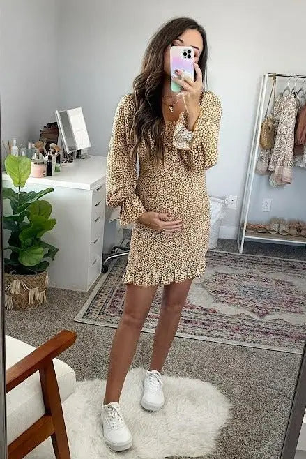 Yellow Ditsy Floral Smocked Long Sleeve Maternity Mini Dress PinkBlush