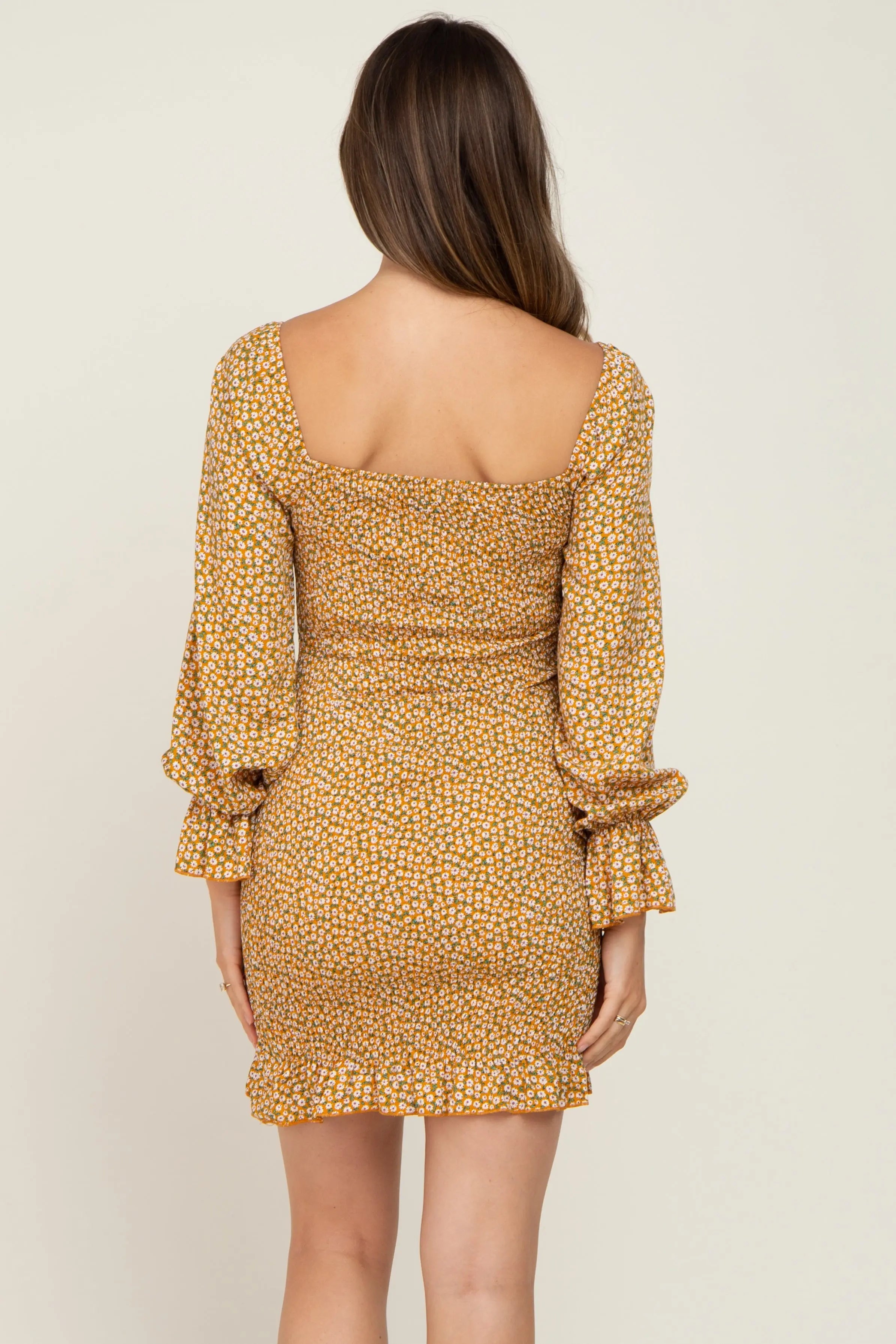 Yellow Ditsy Floral Smocked Long Sleeve Maternity Mini Dress PinkBlush