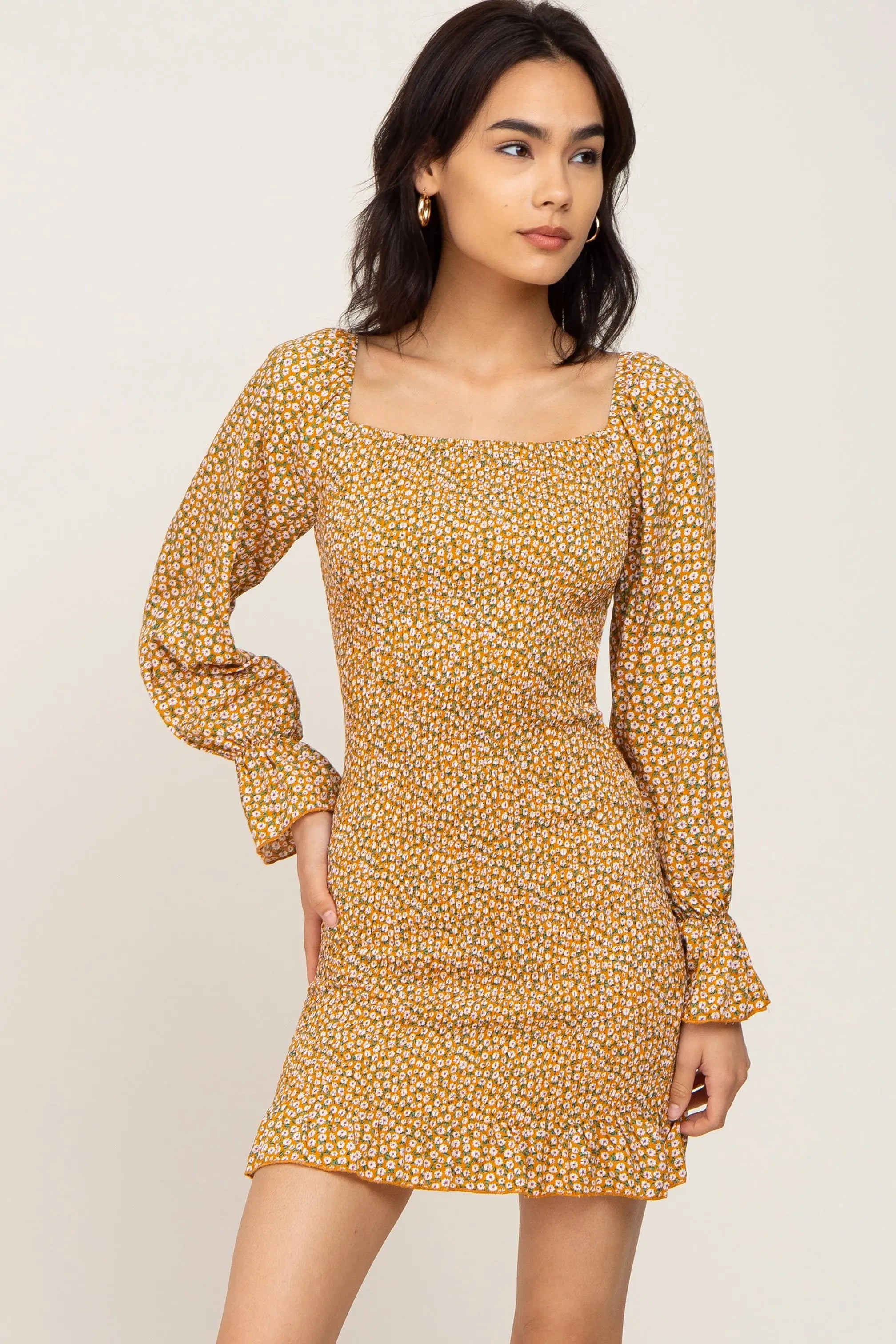 Yellow Ditsy Floral Smocked Long Sleeve Mini Dress PinkBlush
