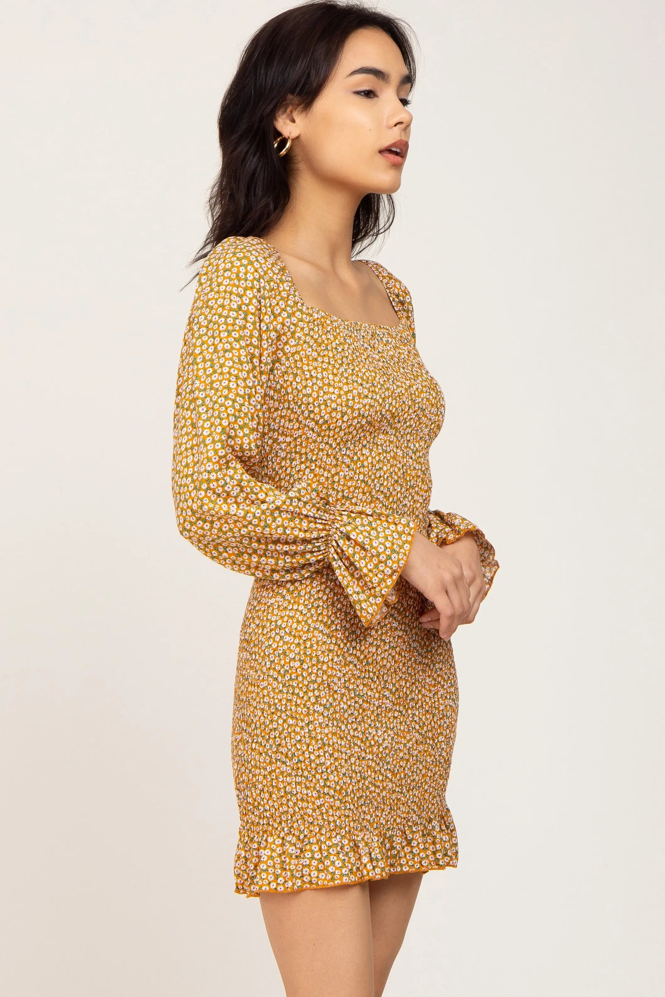 Yellow Ditsy Floral Smocked Long Sleeve Mini Dress PinkBlush