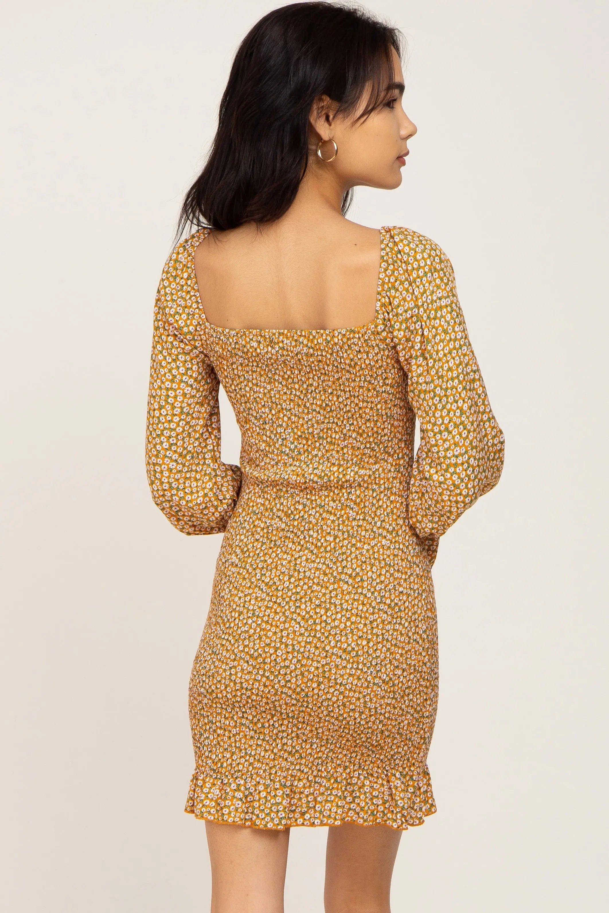 Yellow Ditsy Floral Smocked Long Sleeve Mini Dress PinkBlush