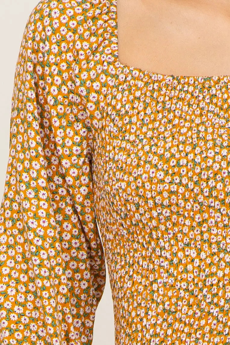 Yellow Ditsy Floral Smocked Long Sleeve Mini Dress PinkBlush