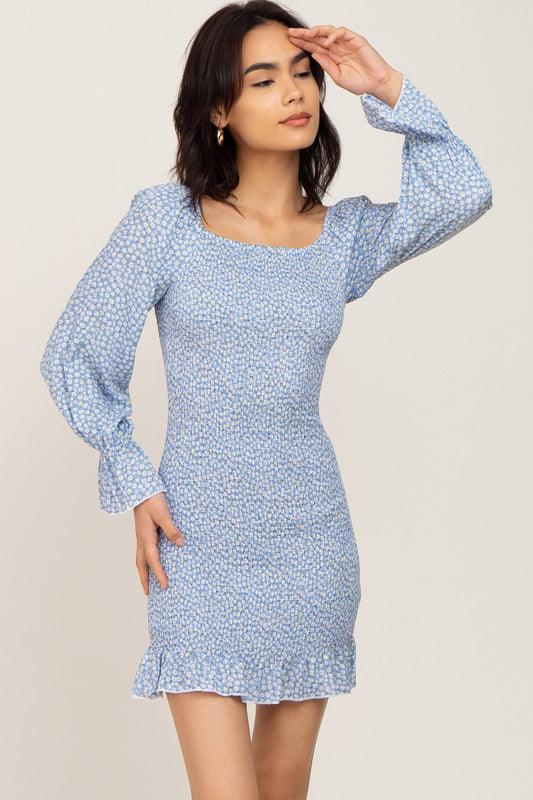 Light Blue Ditsy Floral Smocked Long Sleeve Mini Dress PinkBlush