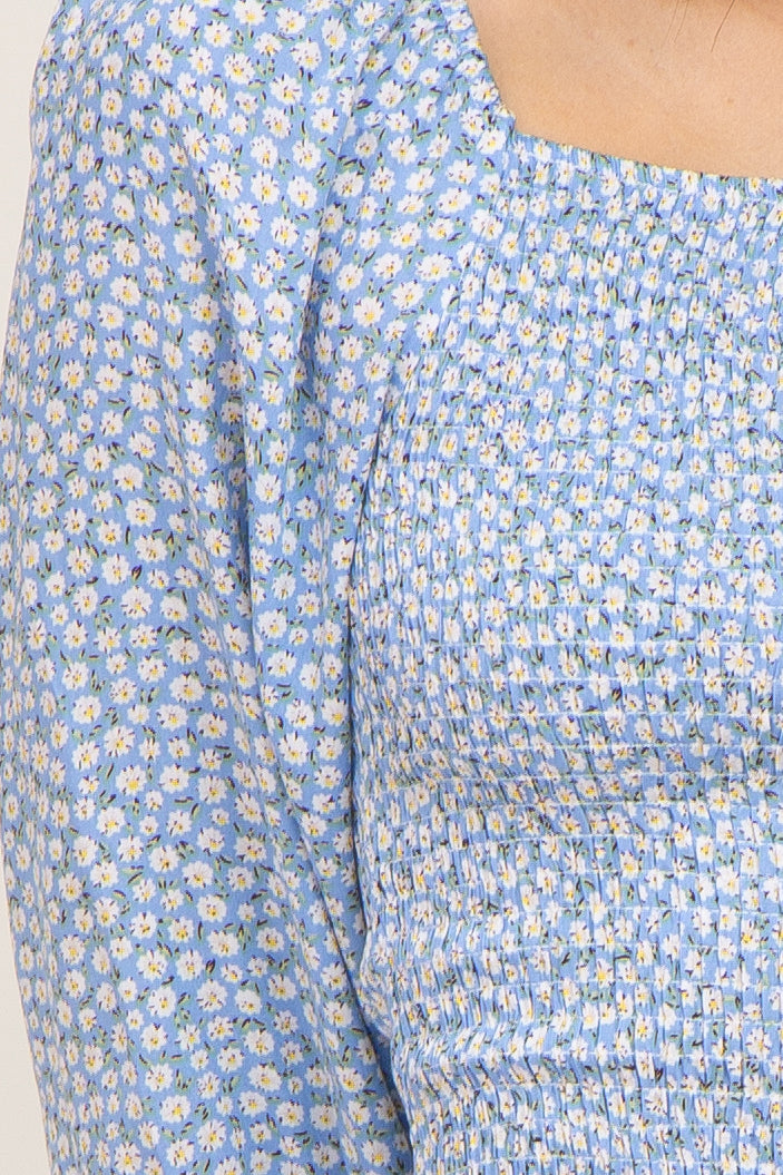 Light Blue Ditsy Floral Smocked Long Sleeve Mini Dress PinkBlush