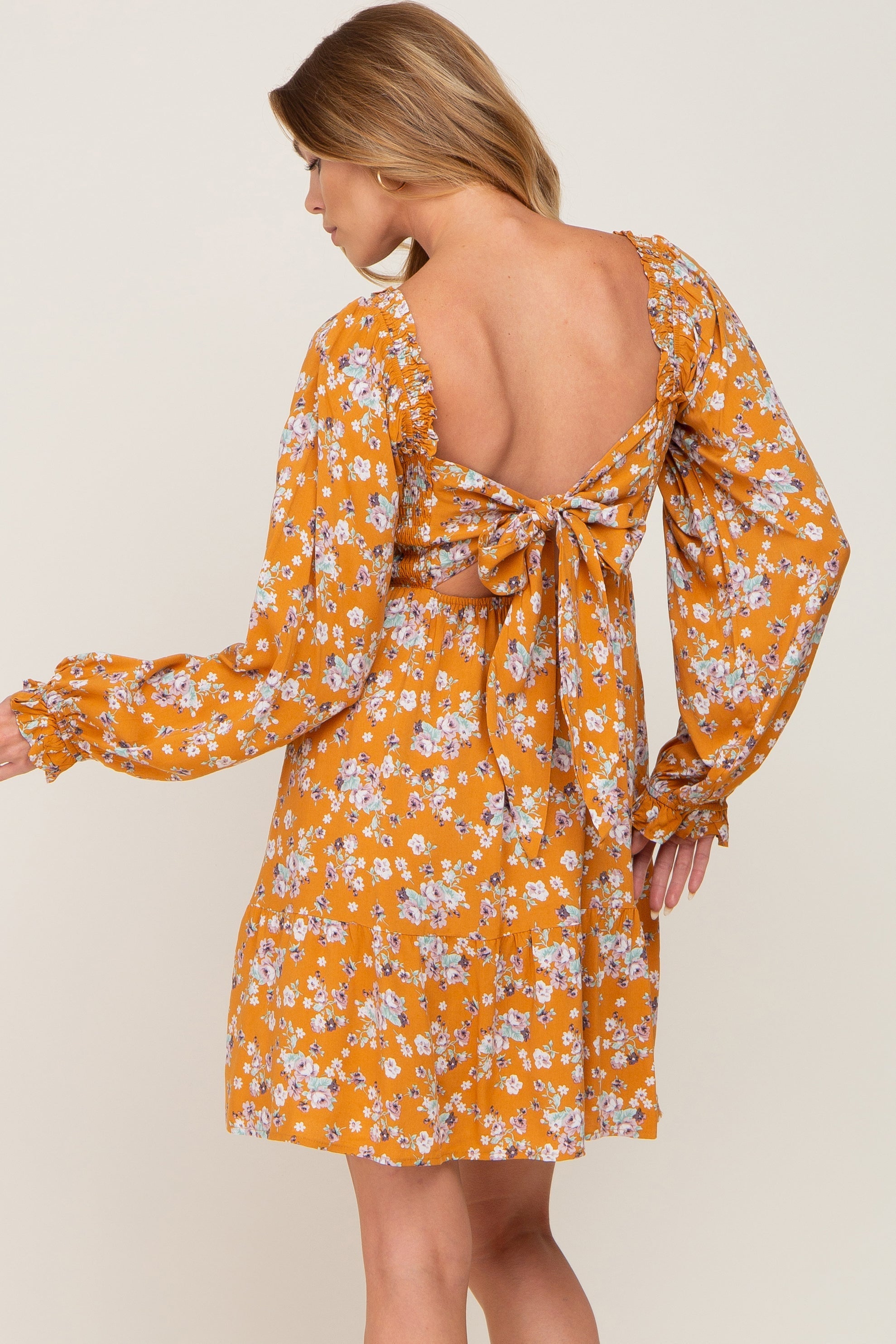 Yellow Floral Smocked Tie Back Dress PinkBlush