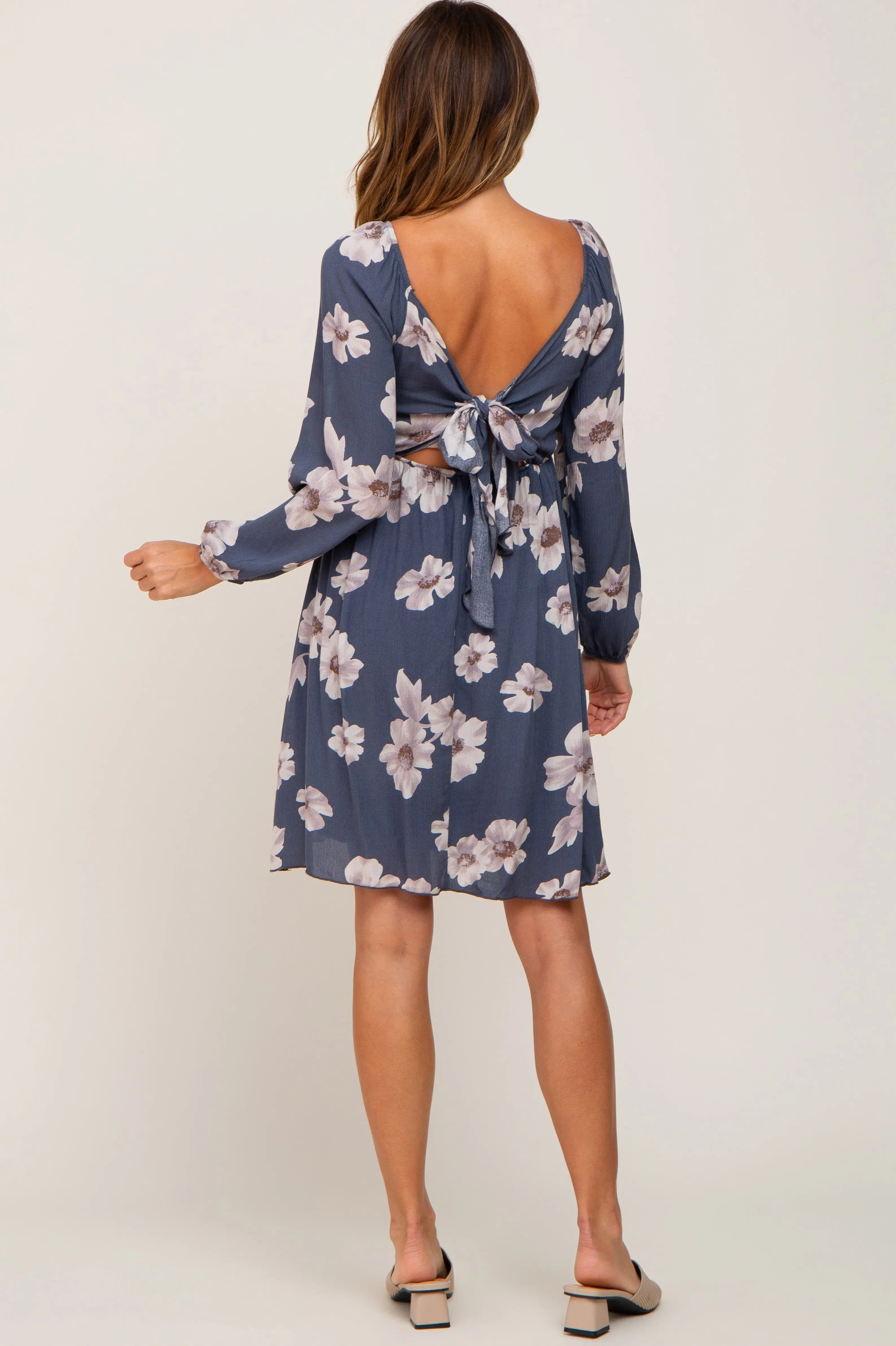 Blue Floral Smocked Tie Back Dress With Long Sleeves PinkBlush