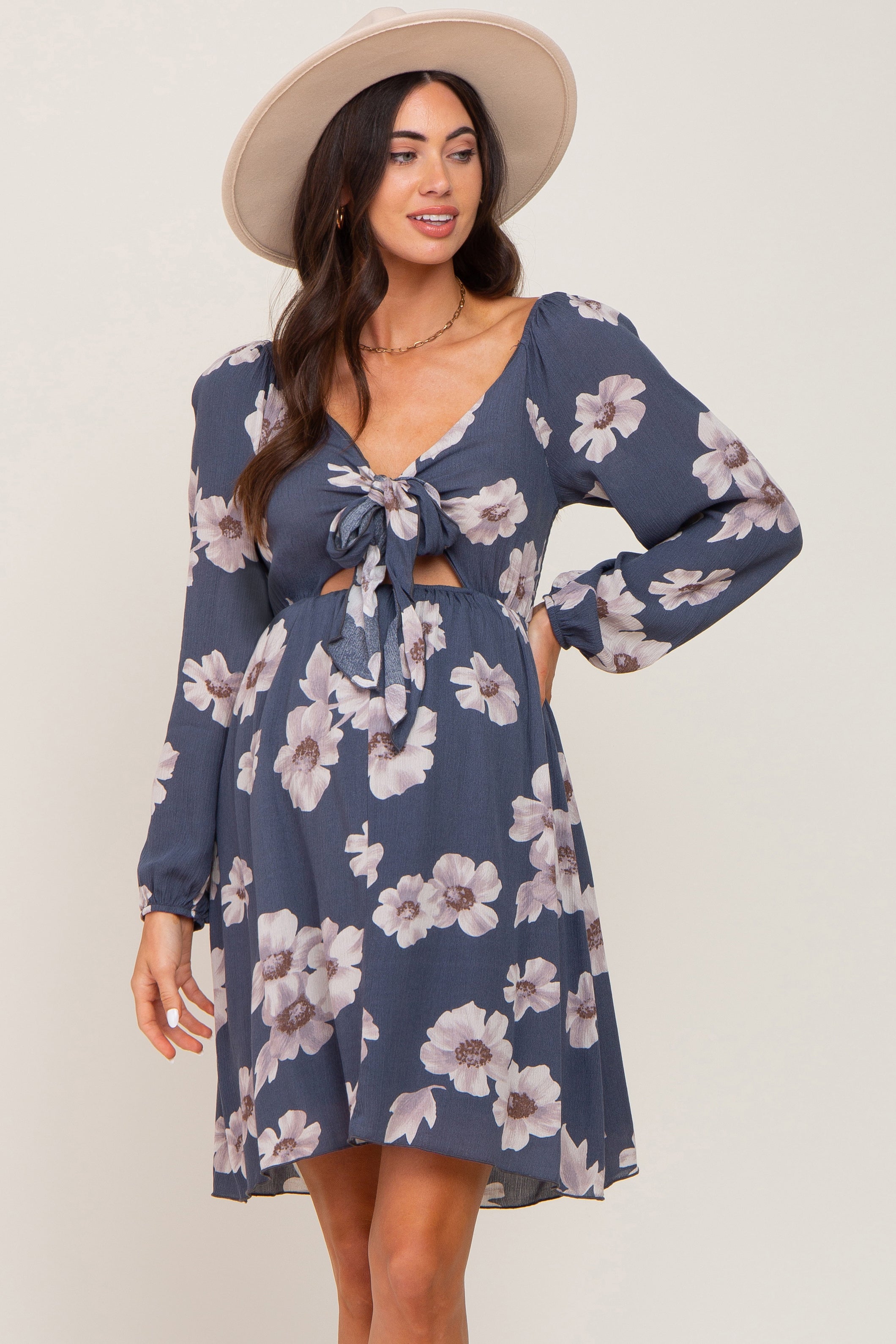Blue Floral Smocked Tie Back Maternity Dress PinkBlush