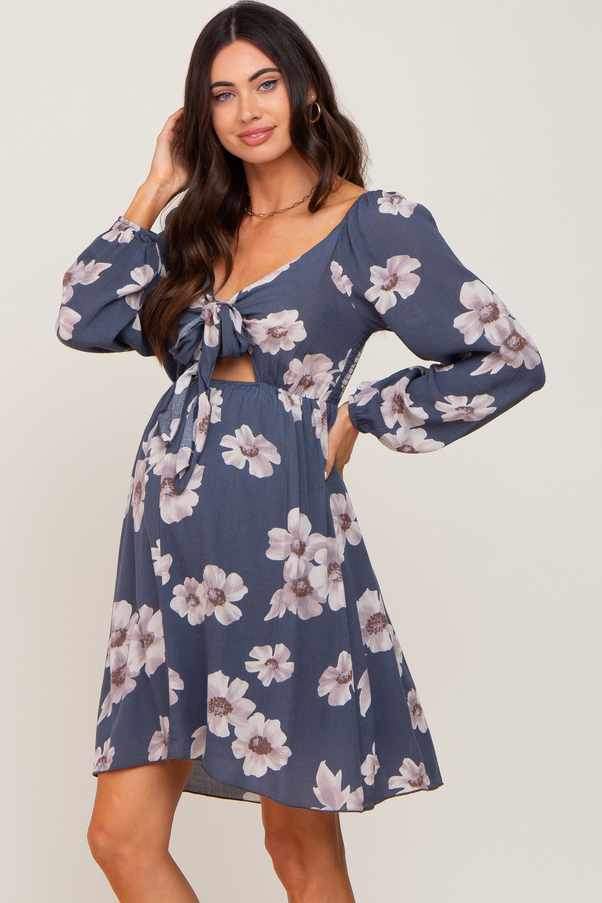 Blue Floral Smocked Tie Back Maternity Dress PinkBlush