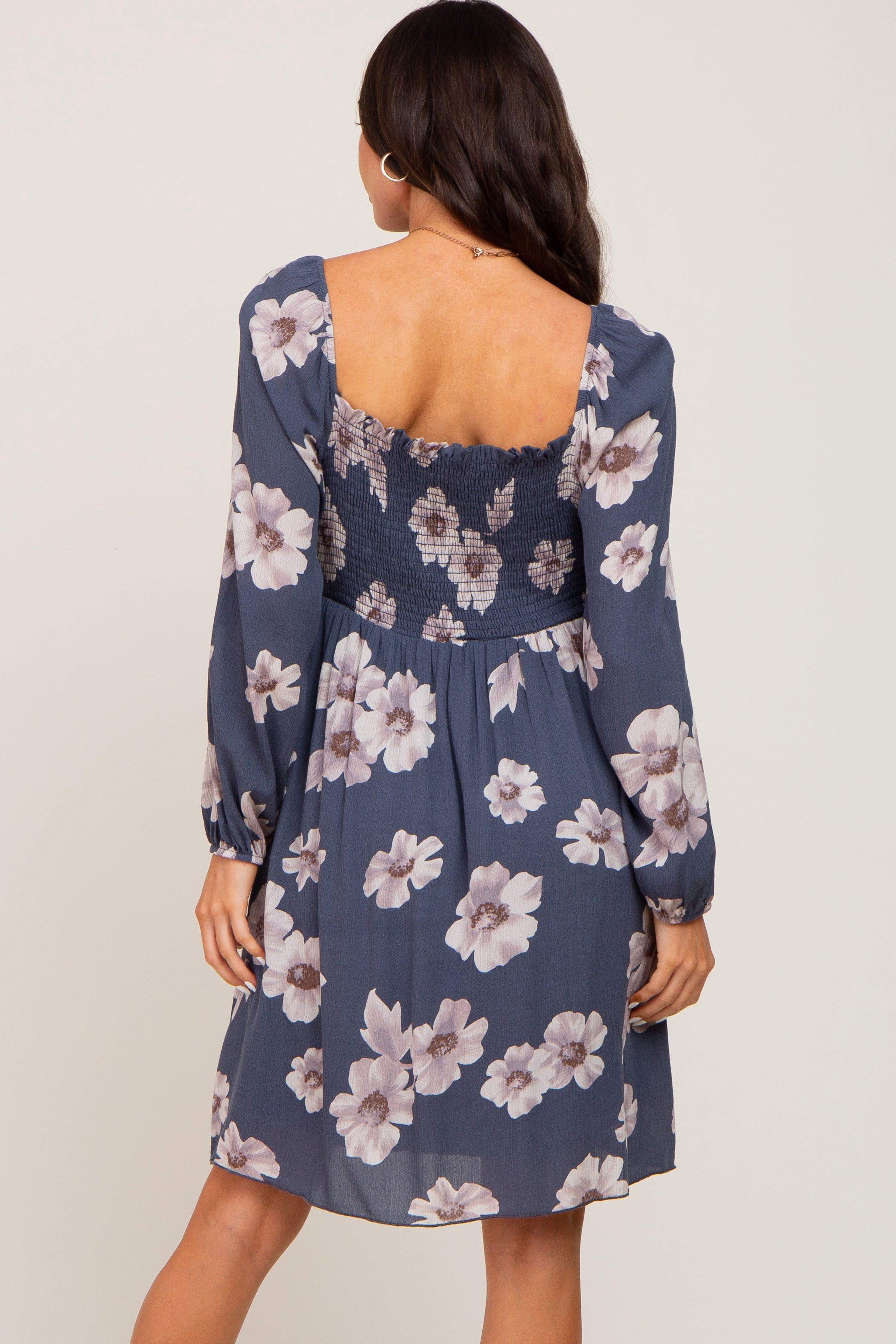 Blue Floral Smocked Tie Back Maternity Dress PinkBlush