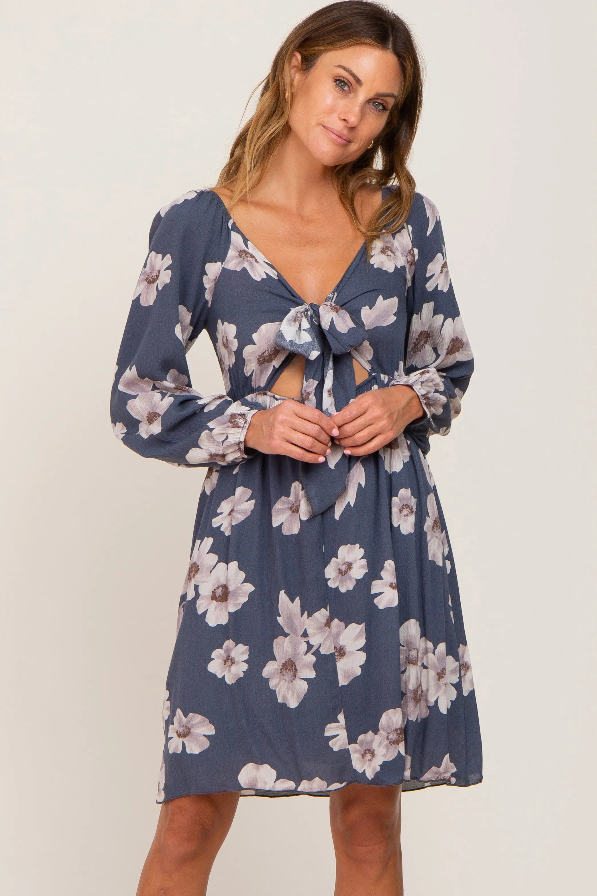 Blue Floral Smocked Tie Back Dress With Long Sleeves PinkBlush