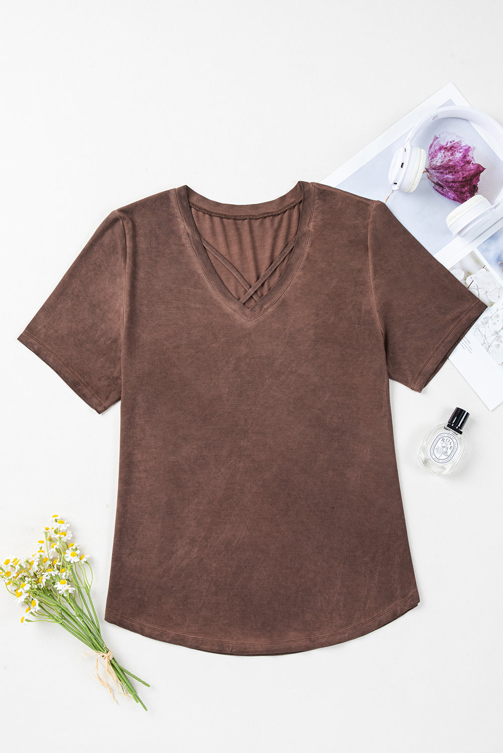 Chestnut Criss Cross V Neck Casual Tee with Unique Mineral Wash