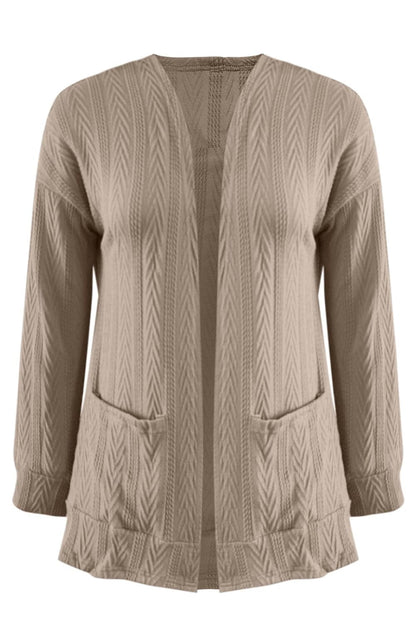 Textured open front cardigan with long sleeves in full size