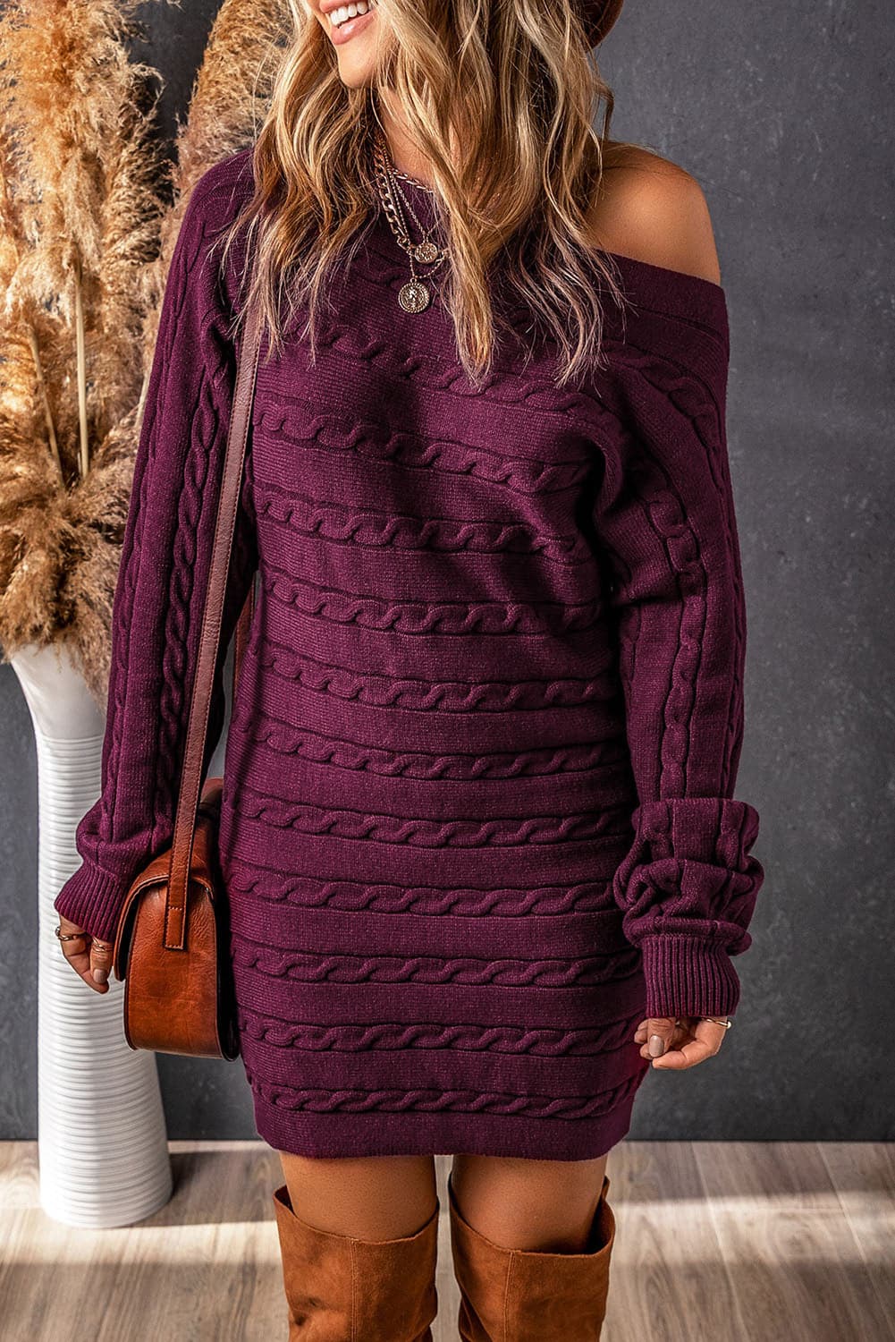 Cable-Knit Boat Neck Sweater Dress.