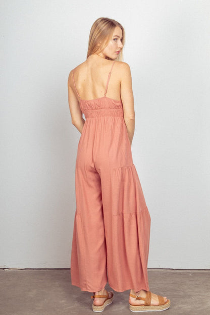 VERY J Sleeveless Ruched Wide Leg Jumpsuit.