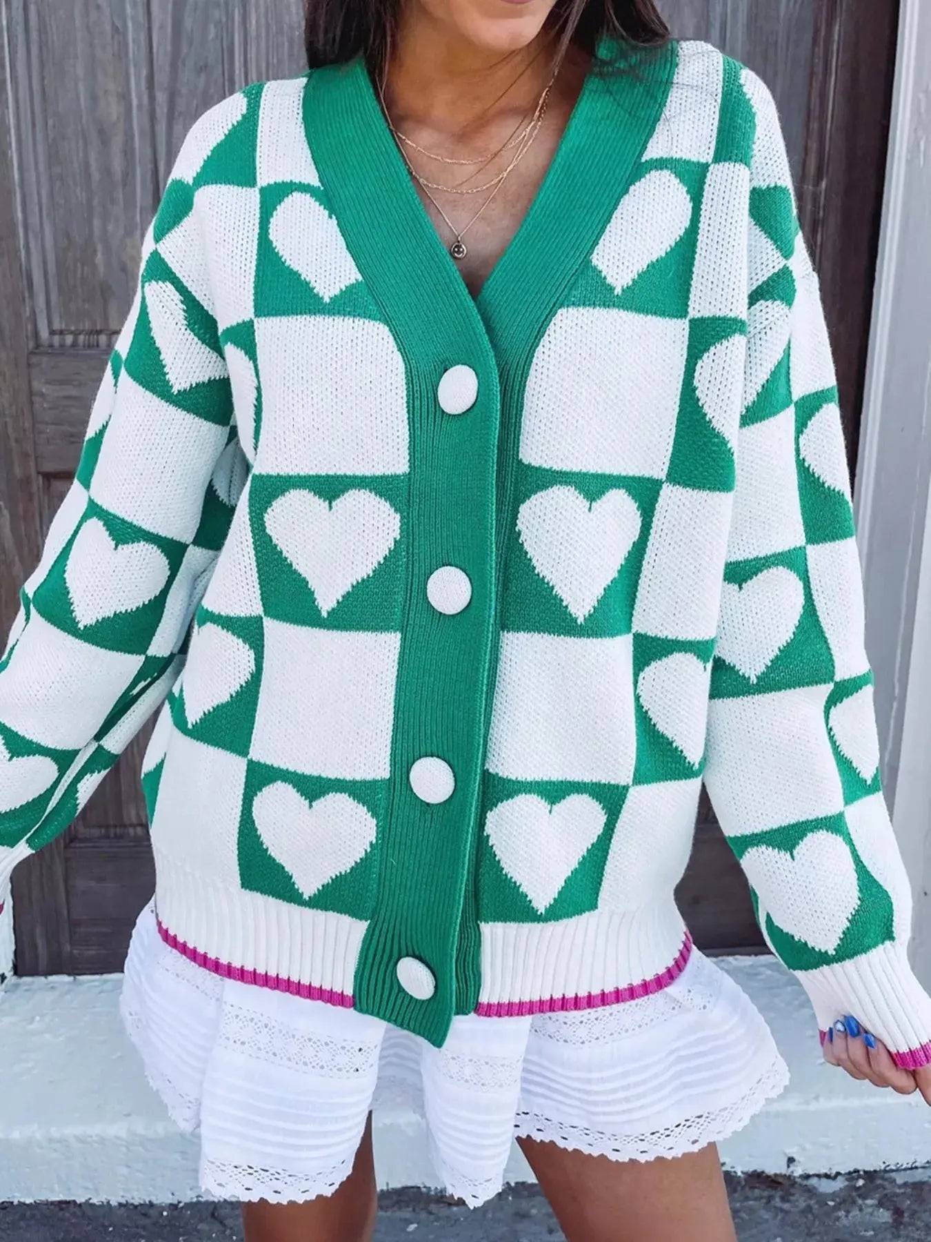 Plaid Heart Knit V Neck Button Down Sweater Cardigan Simply Love