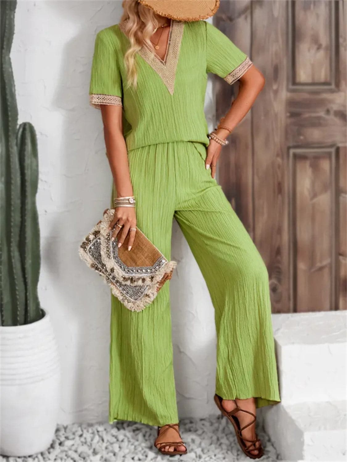 V-Neck Short Sleeve Top and Pants Set.