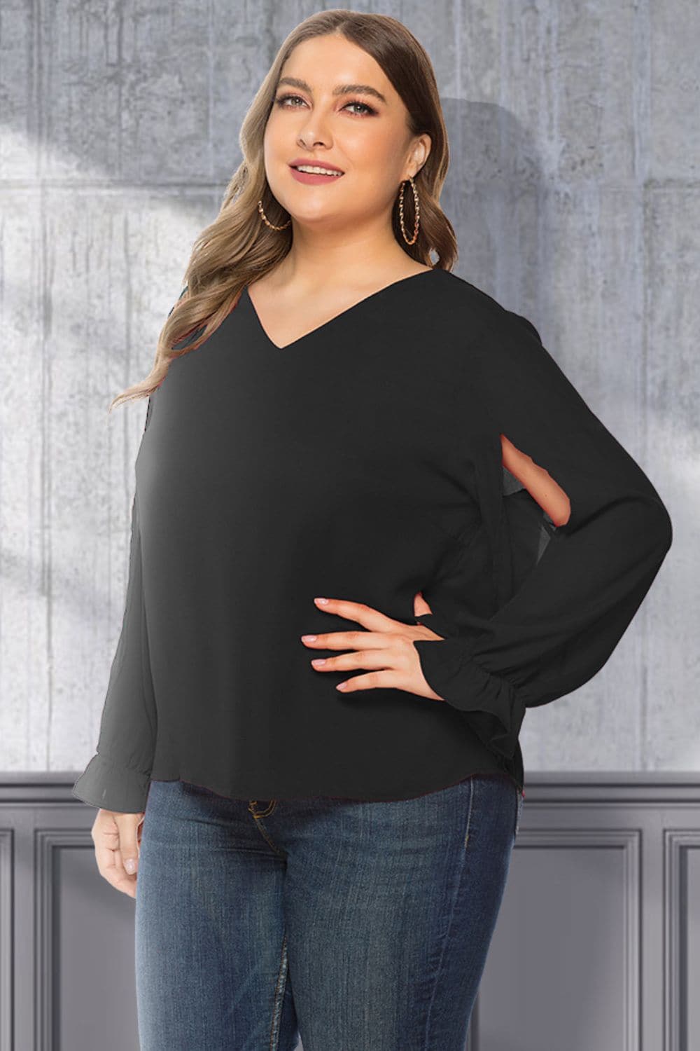 Plus Size Cutout Flounce Sleeve Blouse.