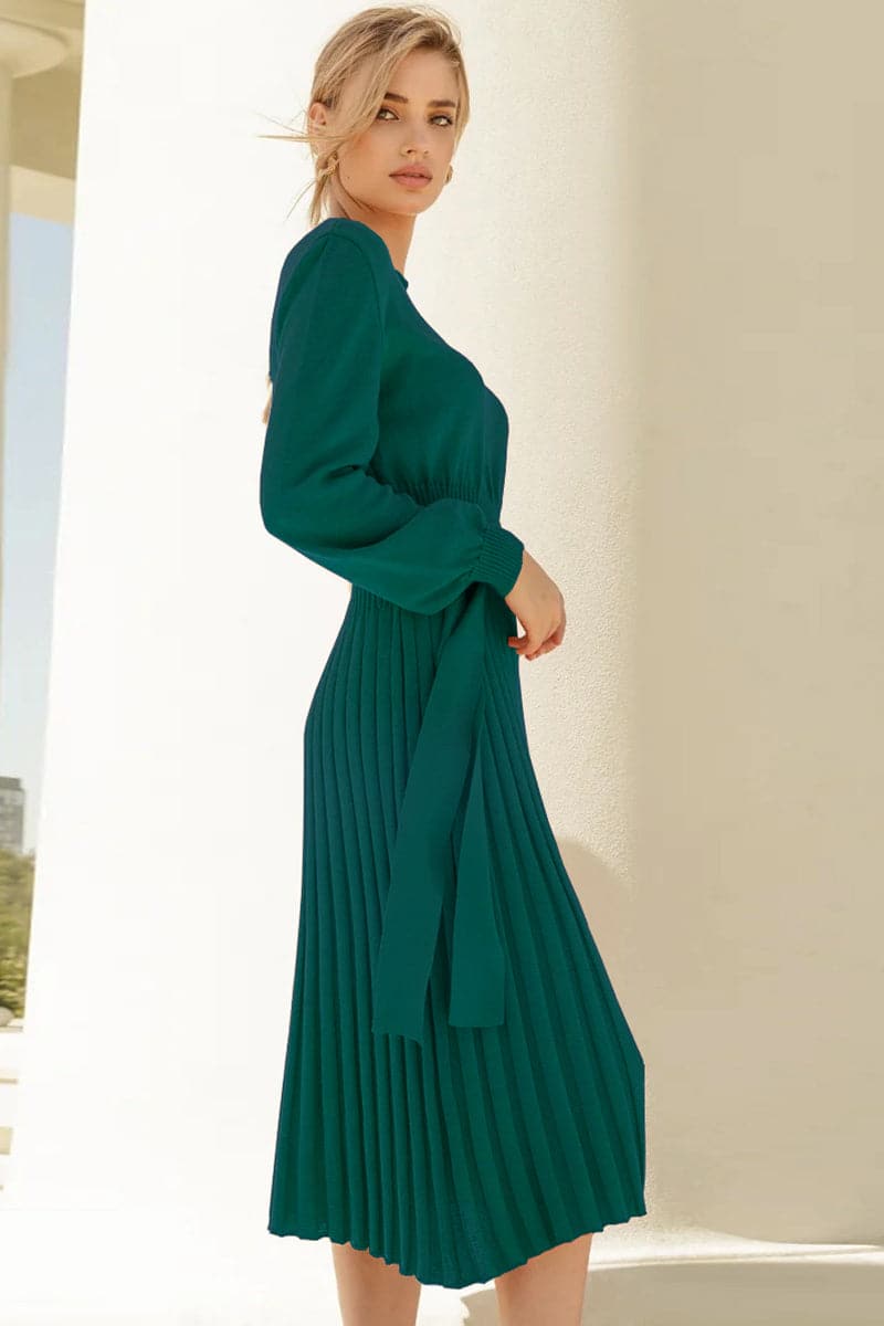 Round Neck Long Sleeve Pleated Sweater Dress.