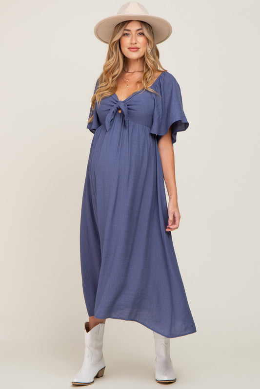PinkBlush Navy Front Tie Ruffle Sleeve Maternity Midi Dress, full view, elegant and comfortable pregnancy apparel.