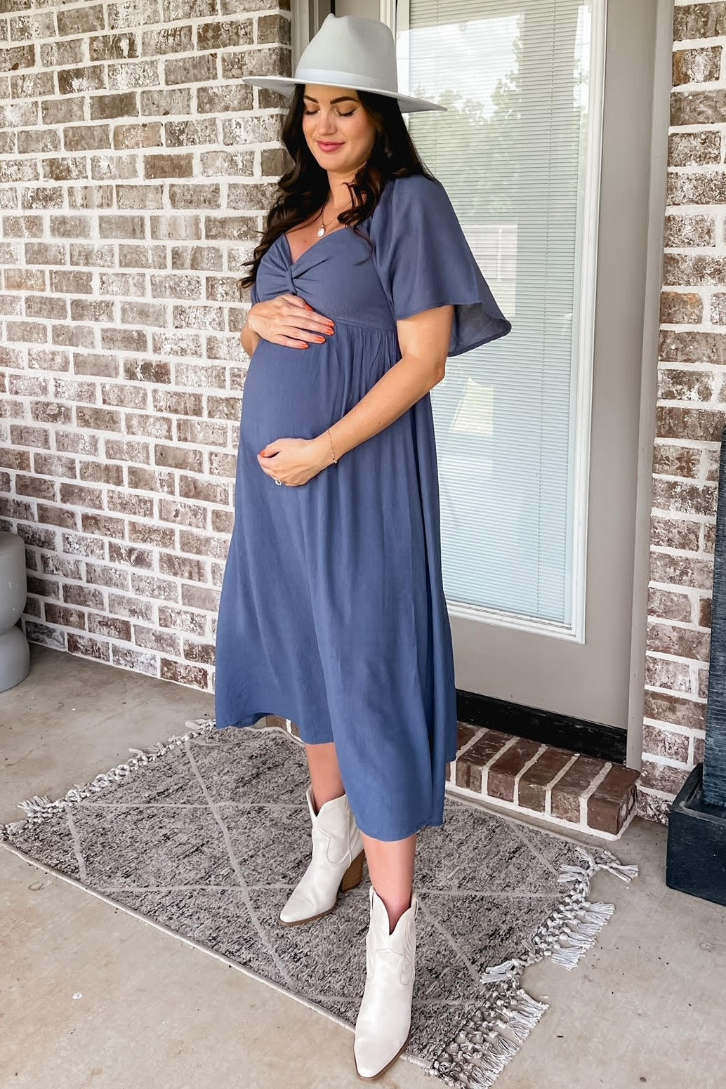 Navy Front Tie Ruffle Sleeve Maternity Midi Dress PinkBlush