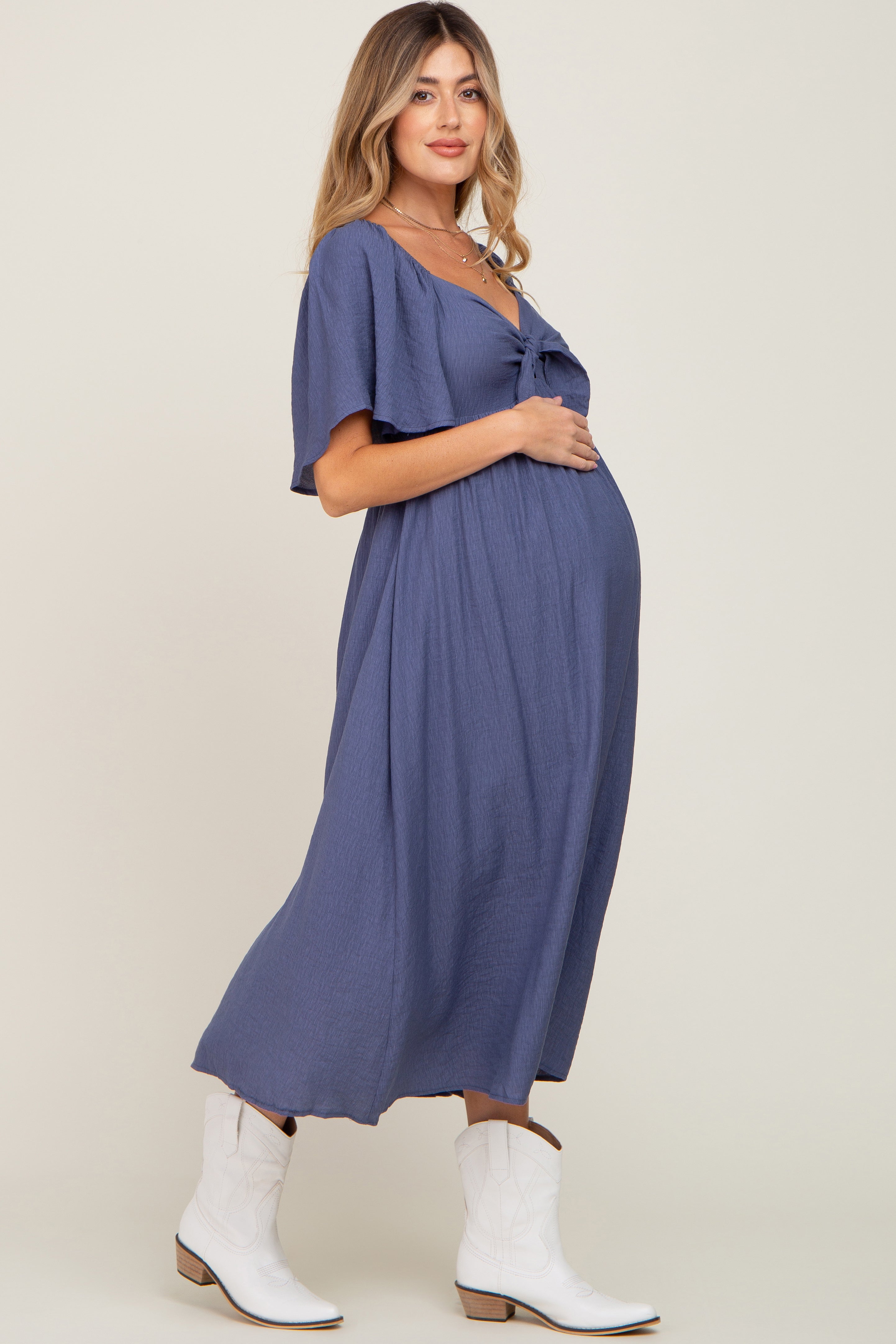 Navy Front Tie Ruffle Sleeve Maternity Midi Dress PinkBlush