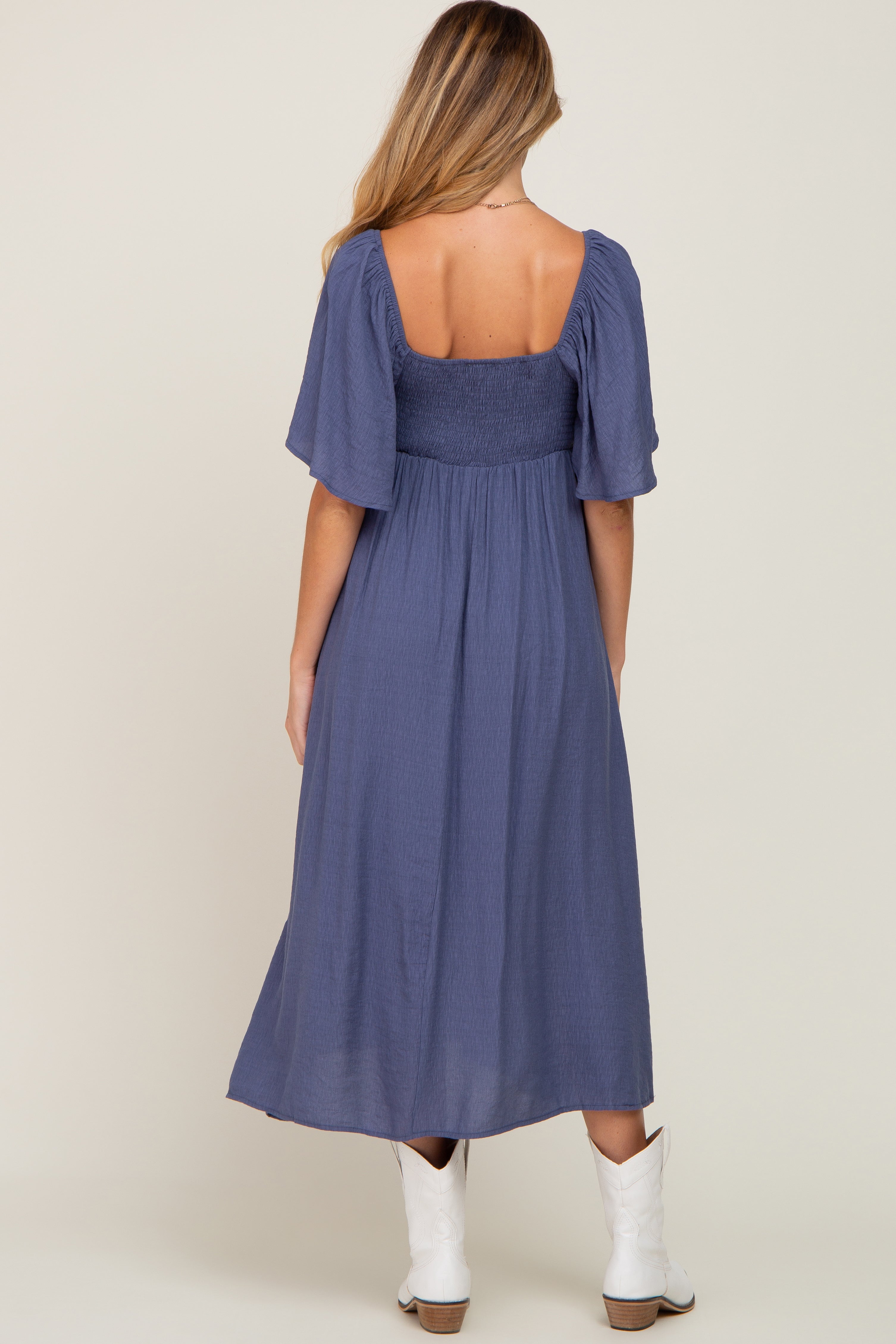 Navy Front Tie Ruffle Sleeve Maternity Midi Dress PinkBlush